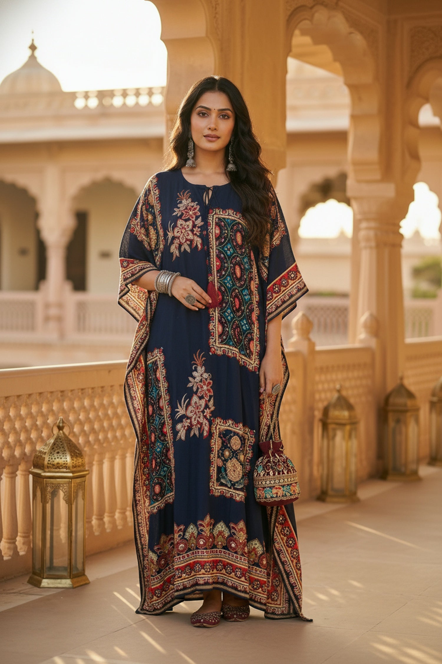Long Navy Blue Kaftan with Digital Print