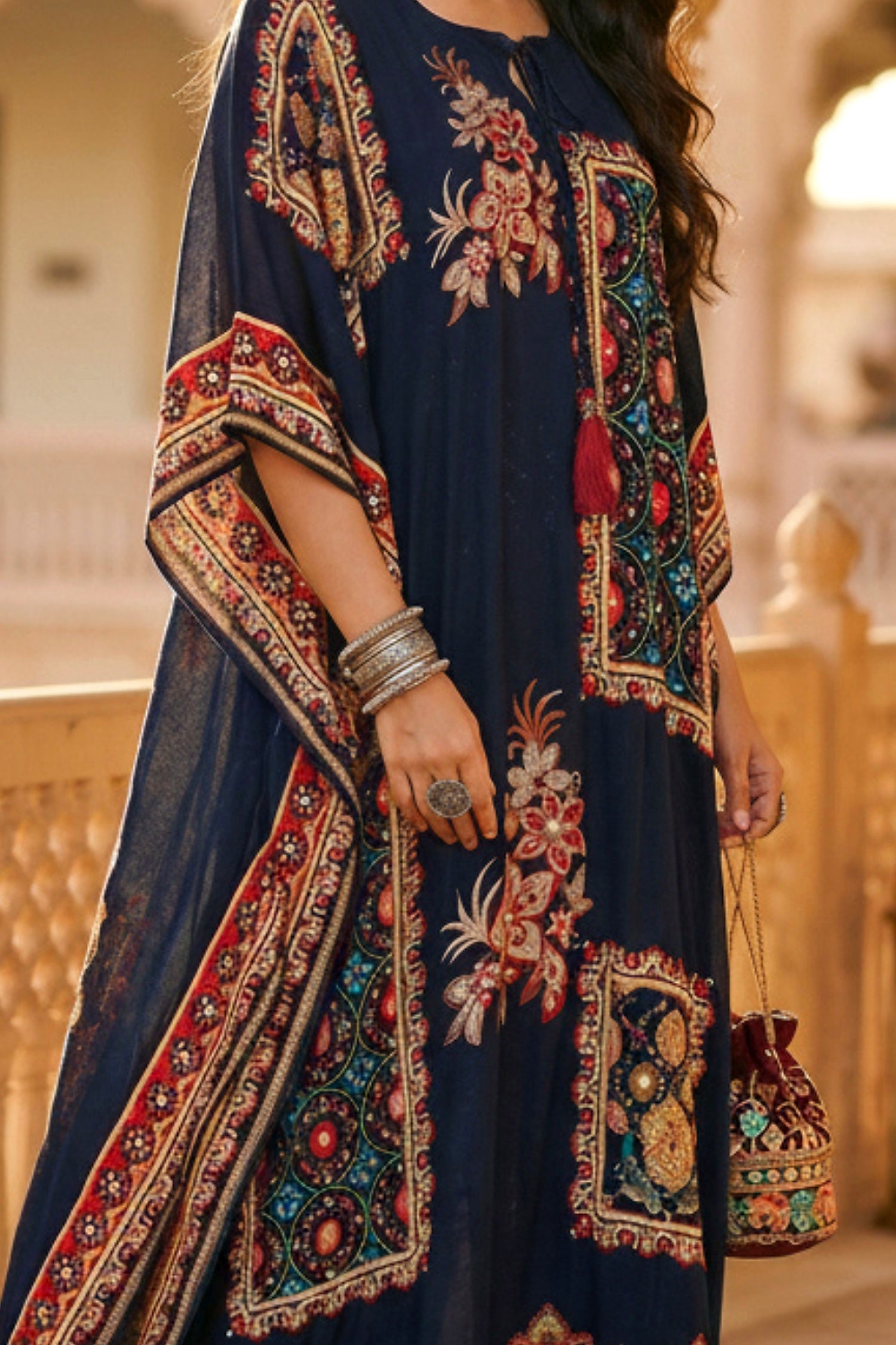 Long Navy Blue Kaftan with Digital Print