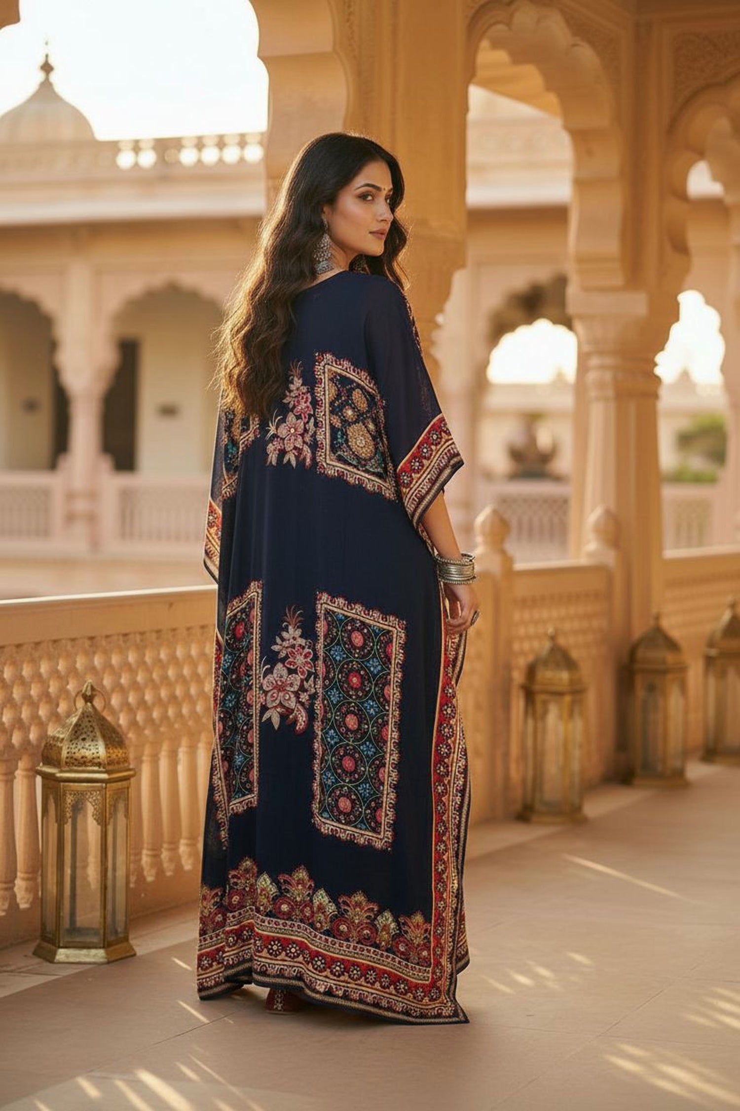 Long Navy Blue Kaftan with Digital Print