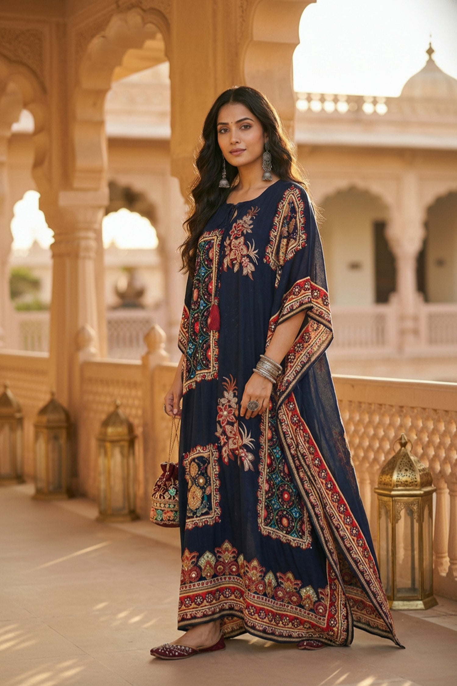 Long Navy Blue Kaftan with Digital Print