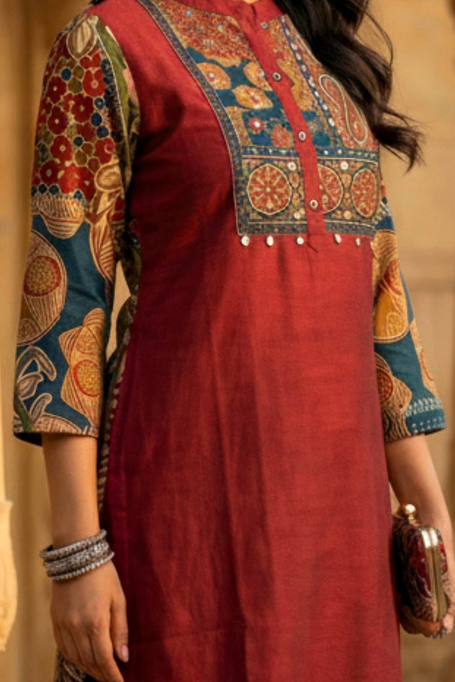 Maroon Co-ord Set with Printed Neck and Detailed Sleeves