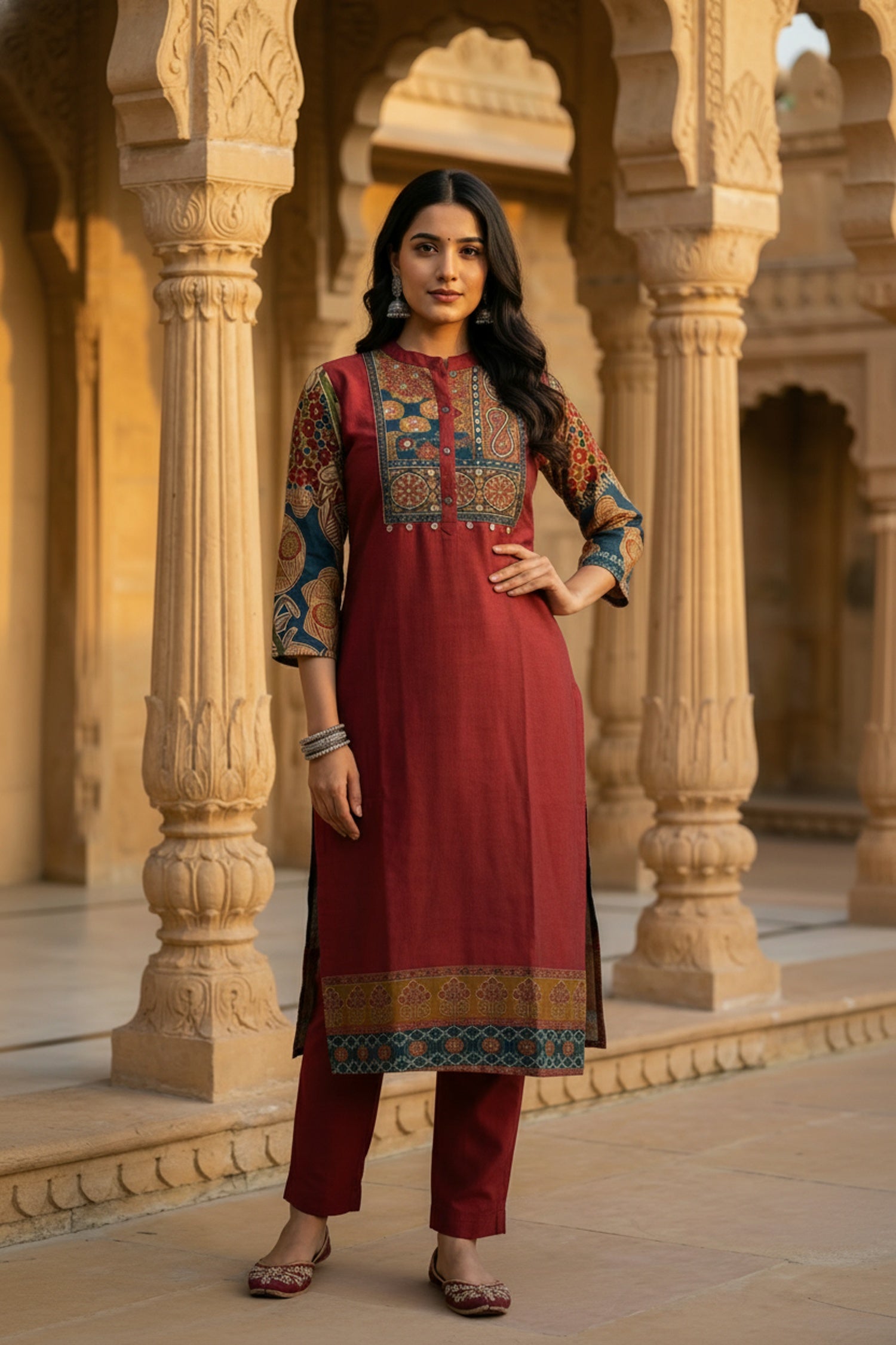 Maroon Co-ord Set with Printed Neck and Detailed Sleeves