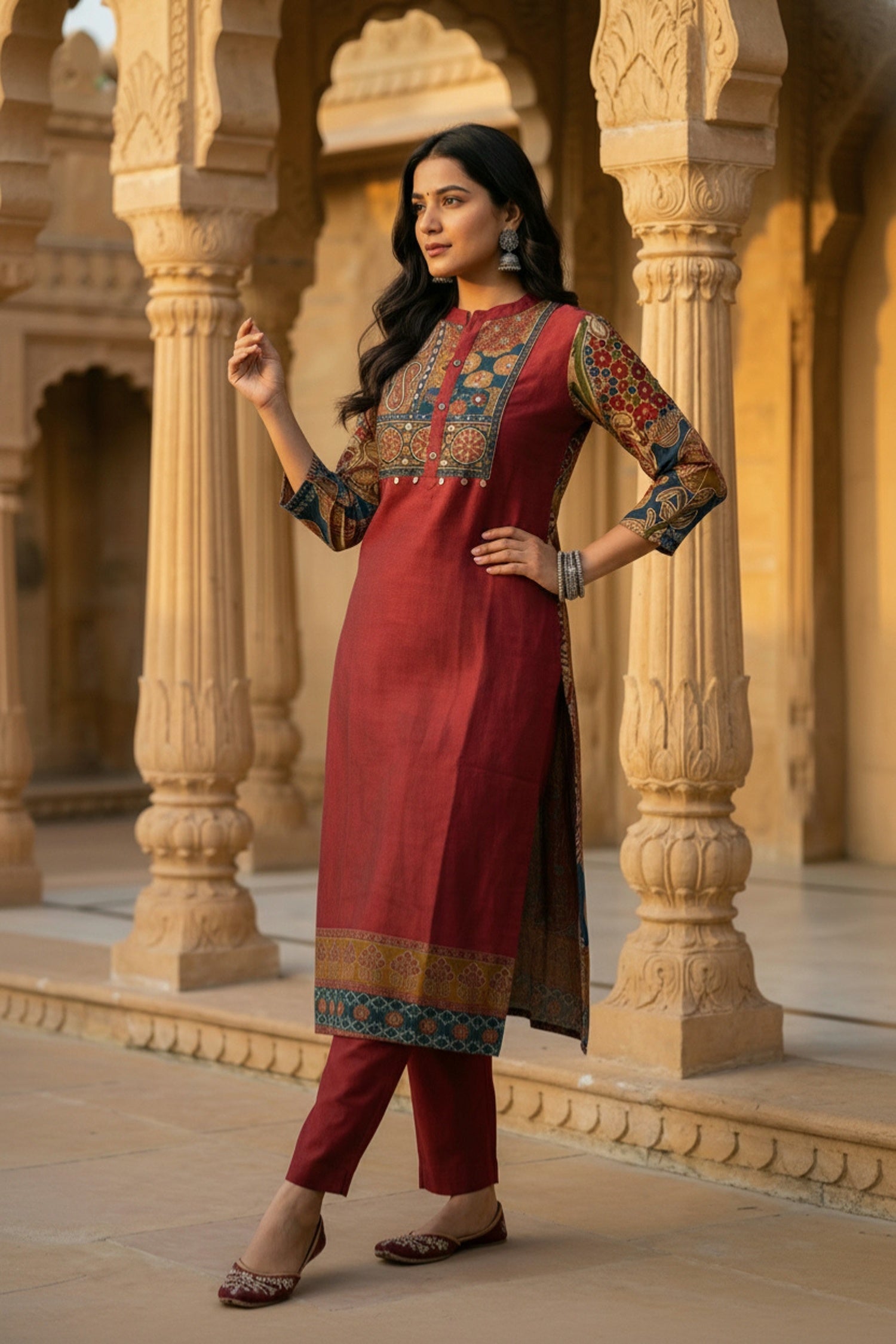 Maroon Co-ord Set with Printed Neck and Detailed Sleeves