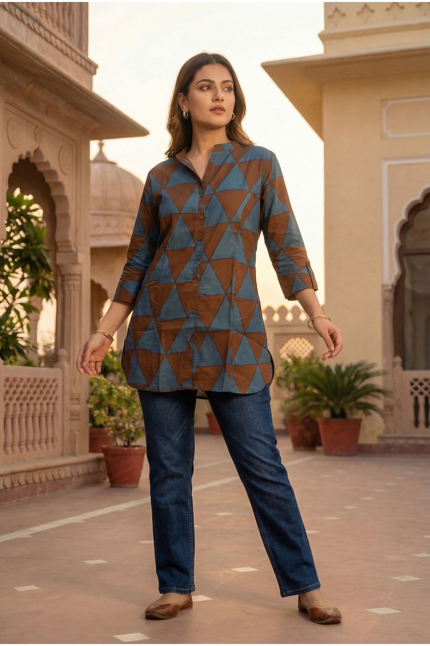 Brown Cotton Top with Geometric Design