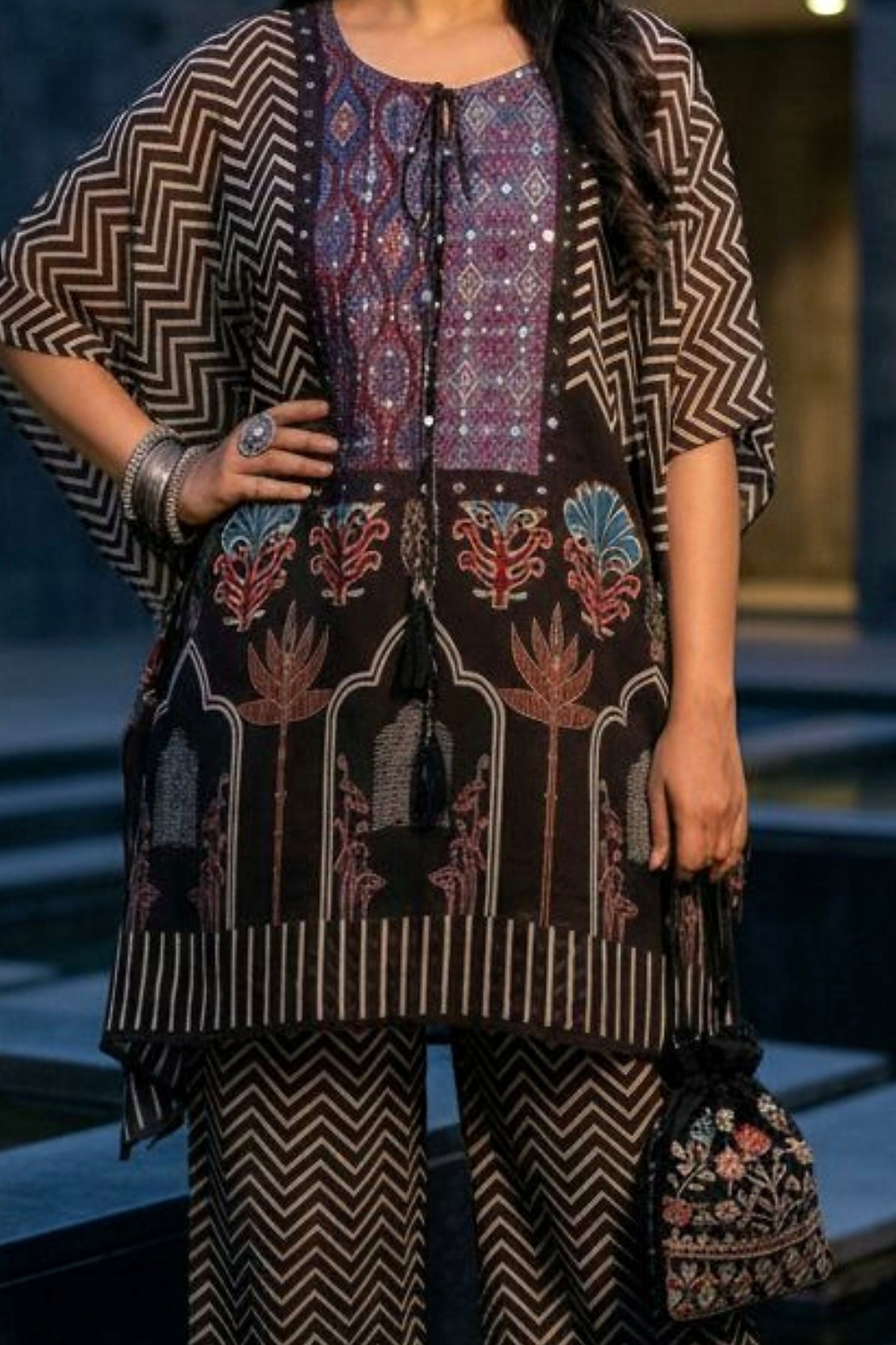 Brown Embroidered Printed Kaftan