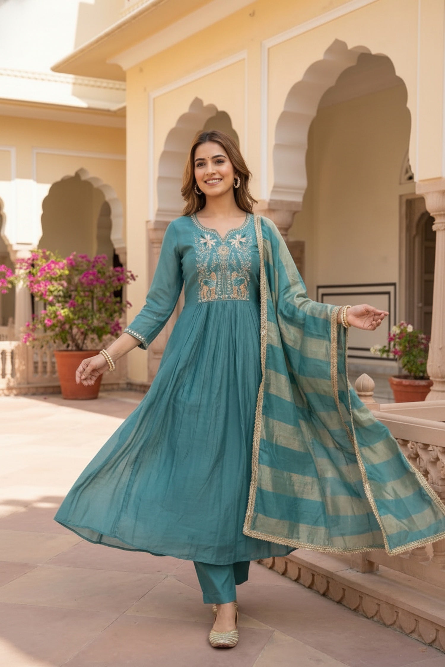 Blue Three-Piece Anarkali Set in Cotton with Thread Embroidery