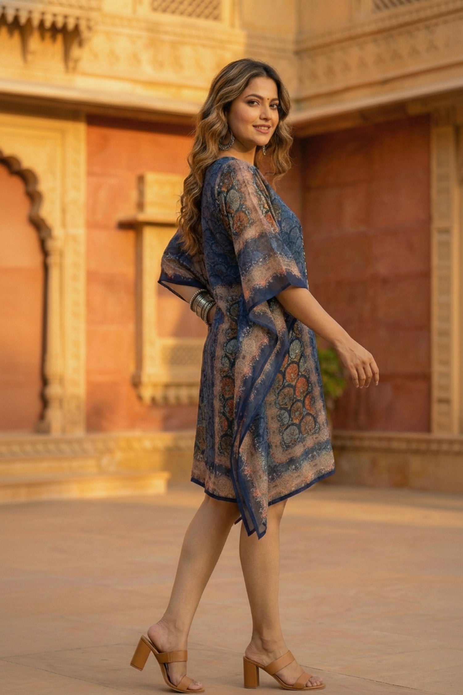 Navy Blue Printed Viscose Short Kaftan