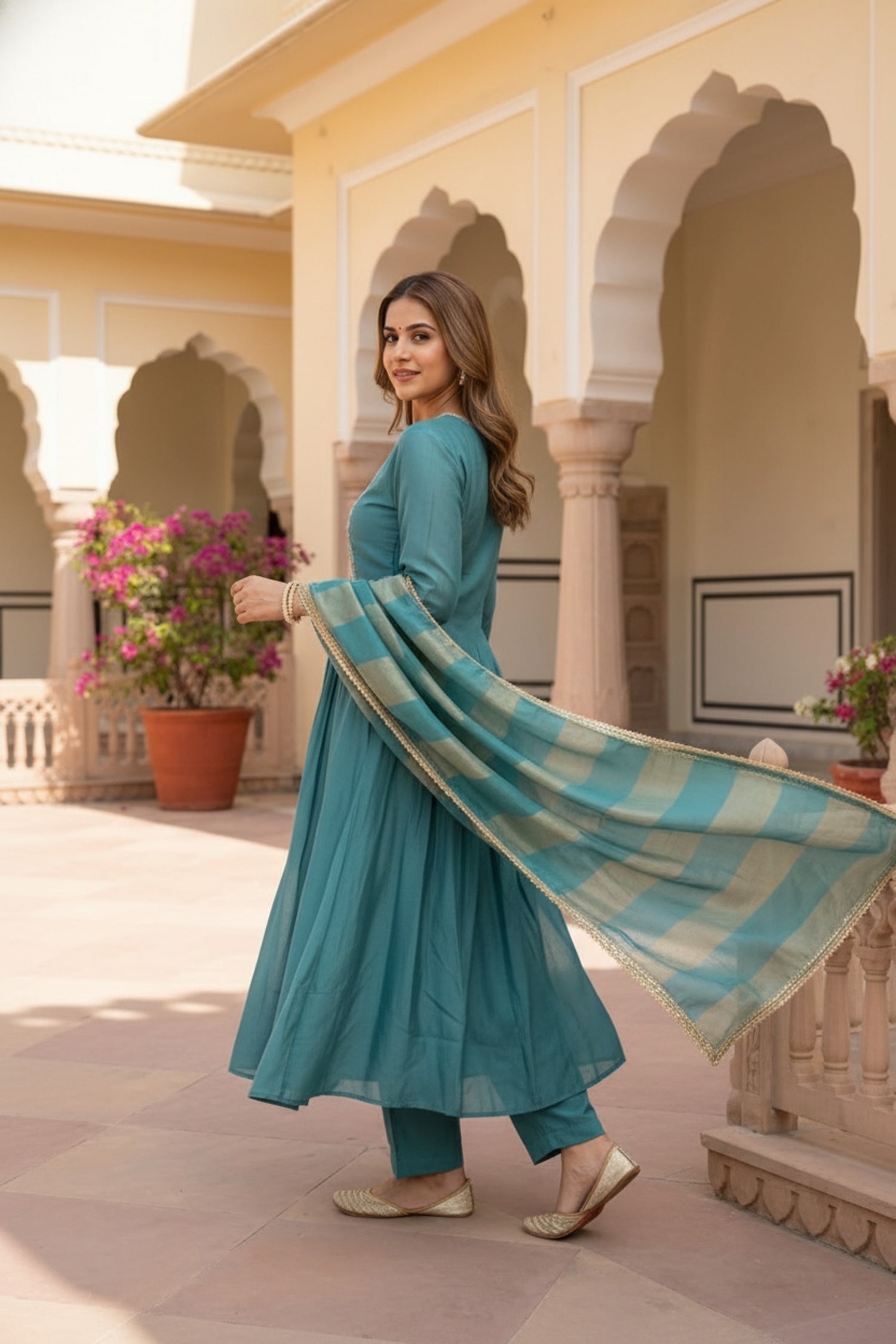 Blue Three-Piece Anarkali Set in Cotton with Thread Embroidery