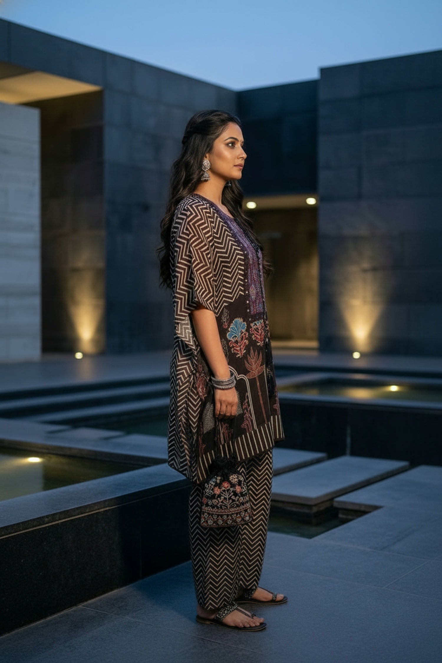 Brown Embroidered Printed Kaftan