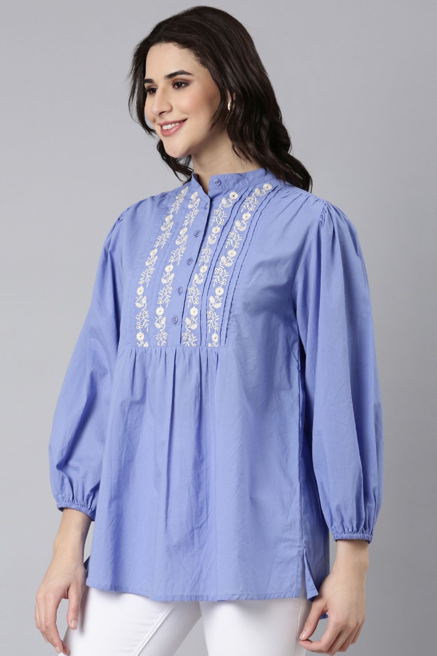 Blue Breeze Embroidered Cotton Top with Elegant Neck