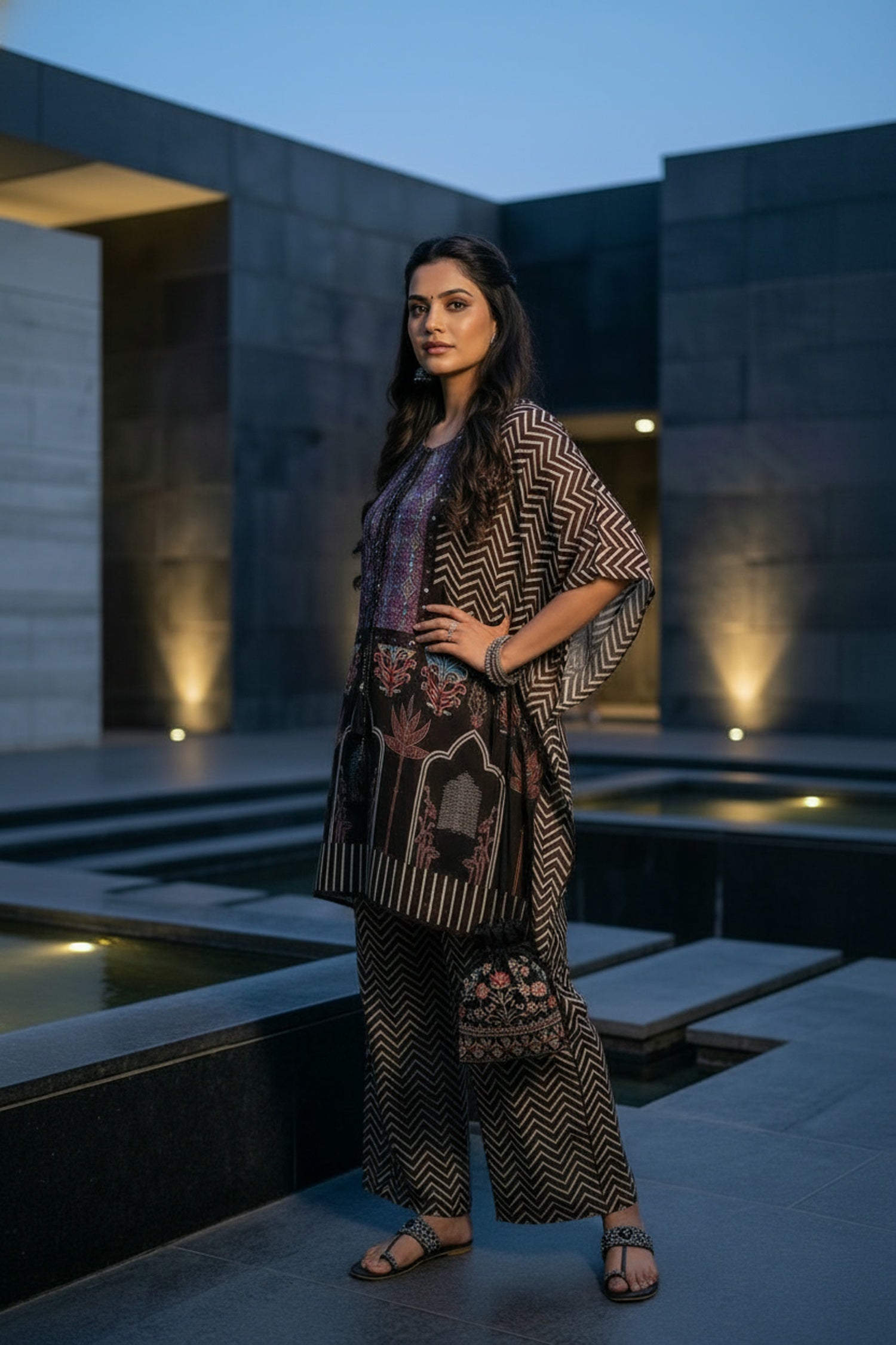 Brown Embroidered Printed Kaftan