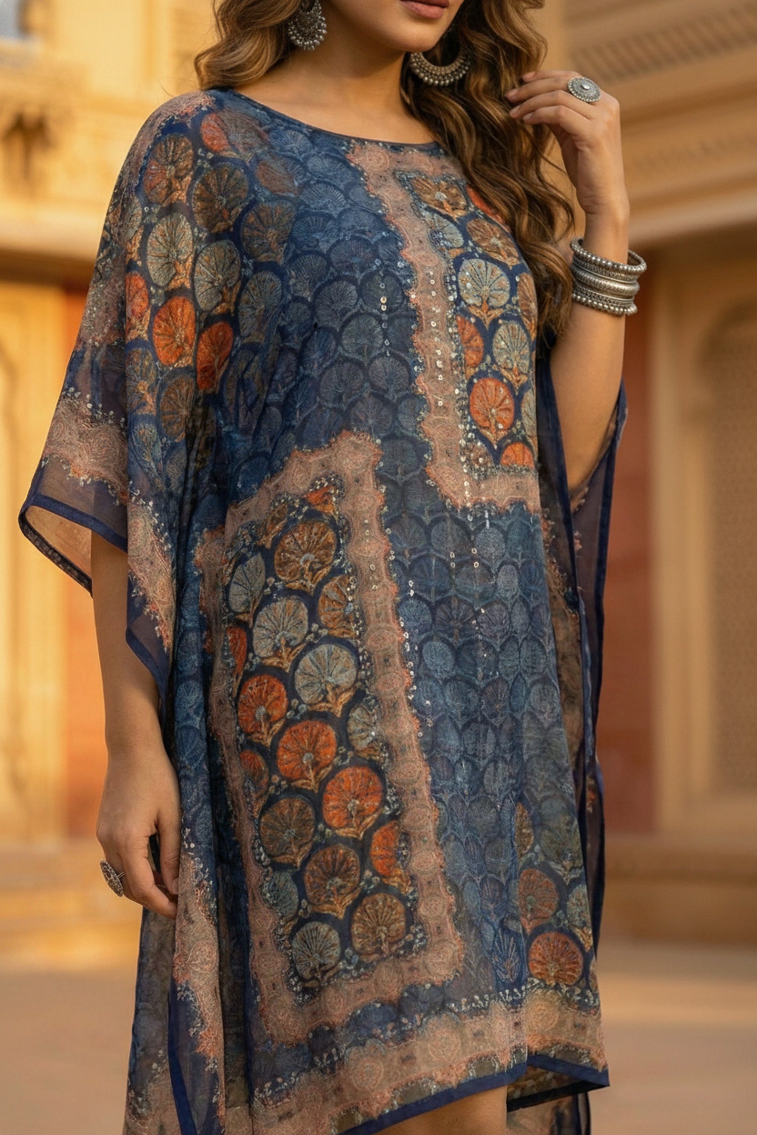 Navy Blue Printed Viscose Short Kaftan
