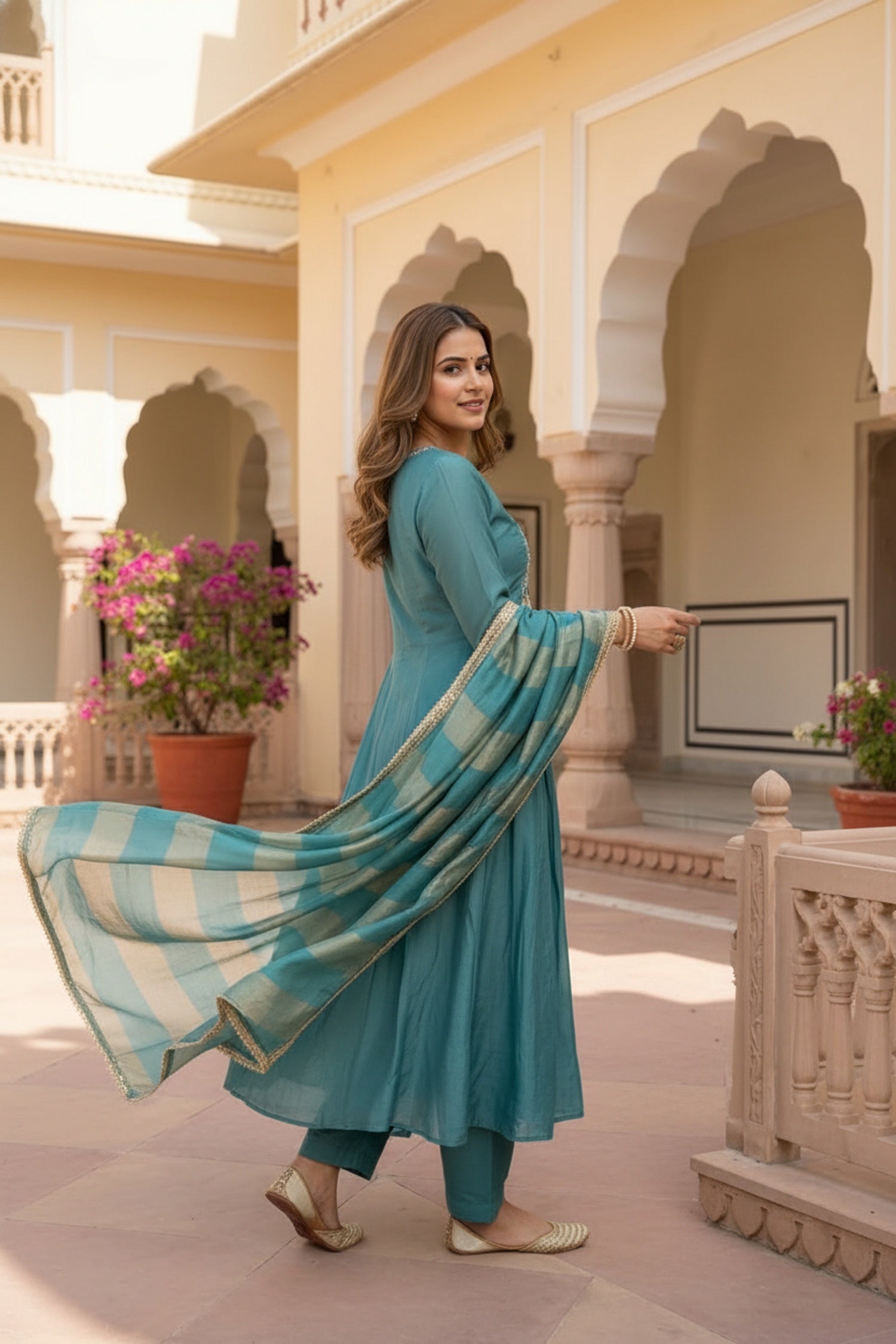 Blue Three-Piece Anarkali Set in Cotton with Thread Embroidery