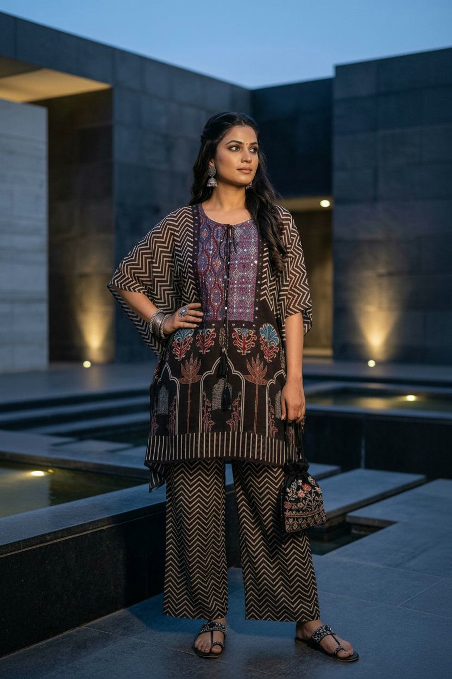 Brown Embroidered Printed Kaftan