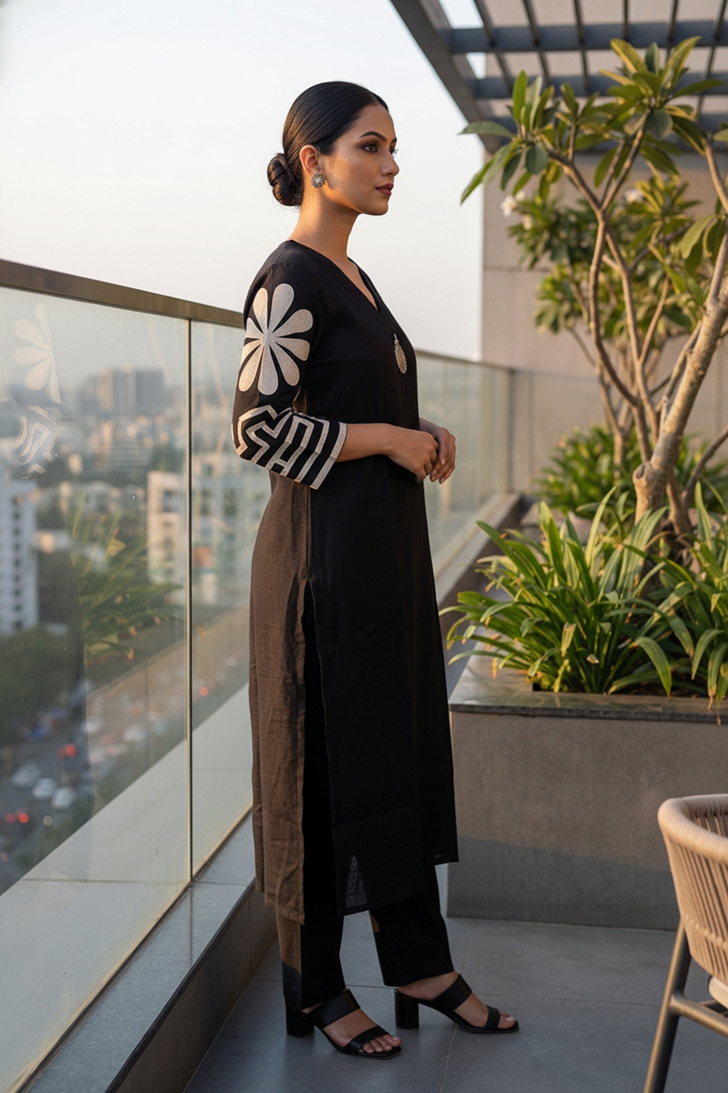 Black Elegance Cotton Cord Set with Embroidered Sleeves