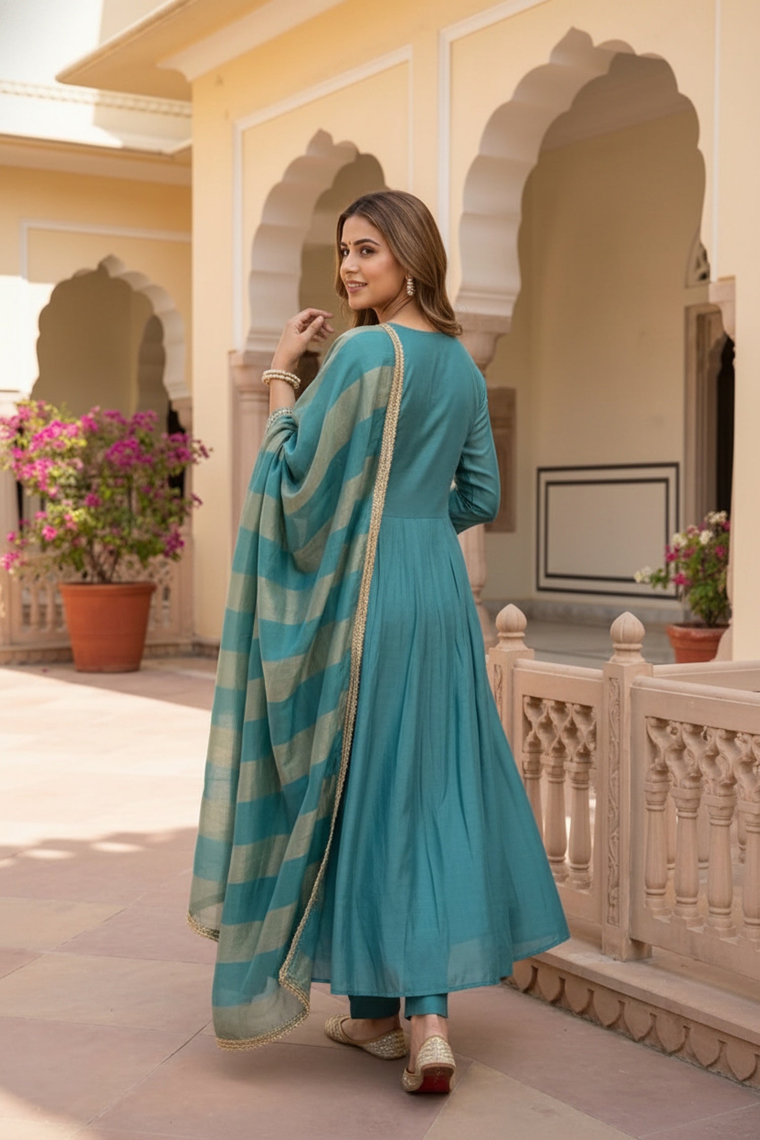 Blue Three-Piece Anarkali Set in Cotton with Thread Embroidery