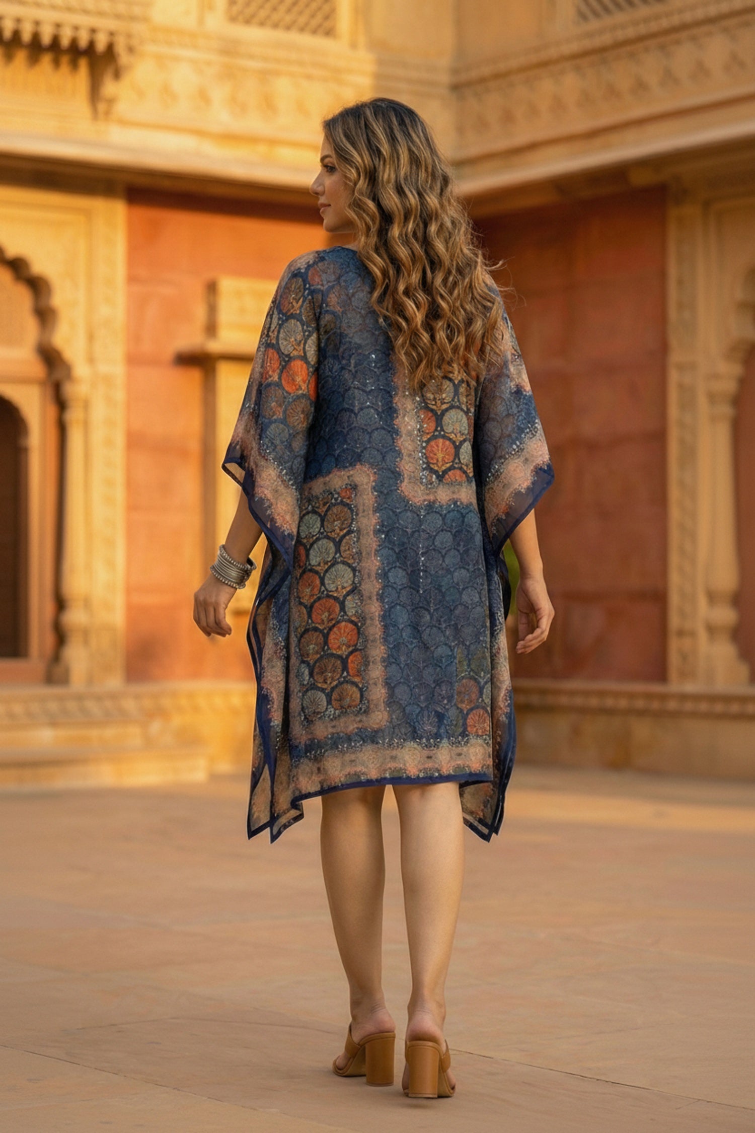 Navy Blue Printed Viscose Short Kaftan