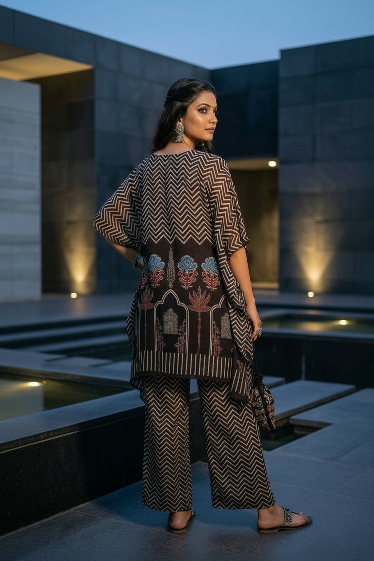 Brown Embroidered Printed Kaftan