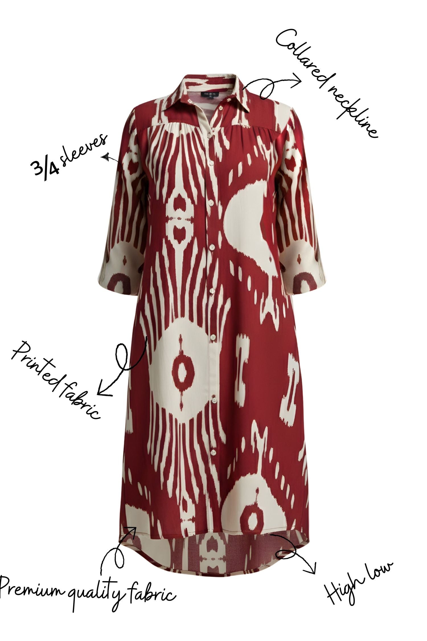Abstract Printed Maroon Red Shirt Midi Dress
