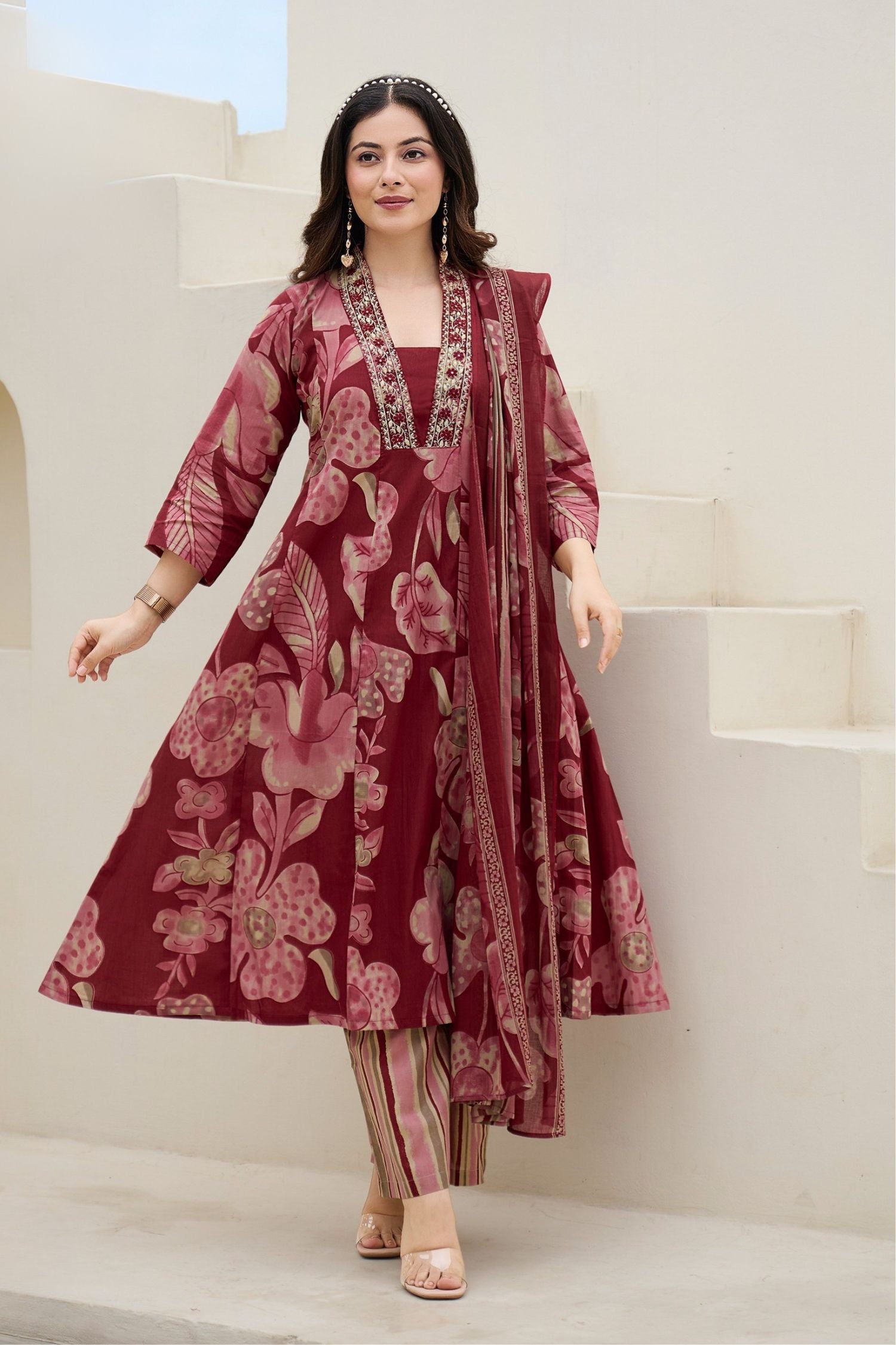 Maroon Red V-Neck Embroidered Cotton Floral Printed Kurta Palazzo Dupatta Set