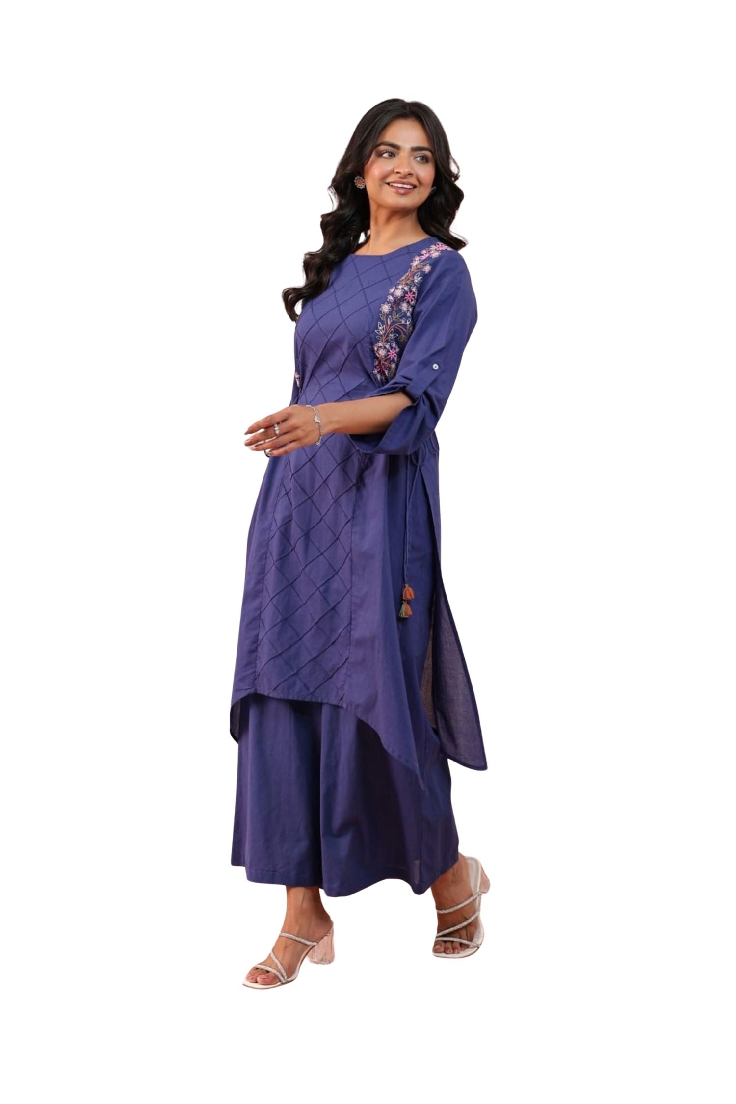 Relaxed Cotton Floral Embroidered Blue Cord Set