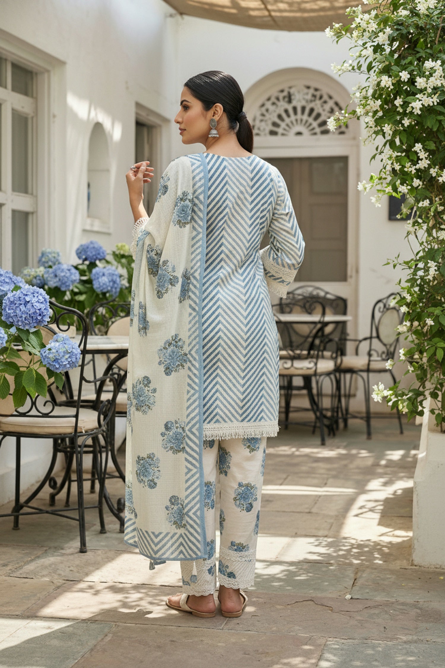 Blue Three-Piece Set with Straight Cut Pattern and Dupatta