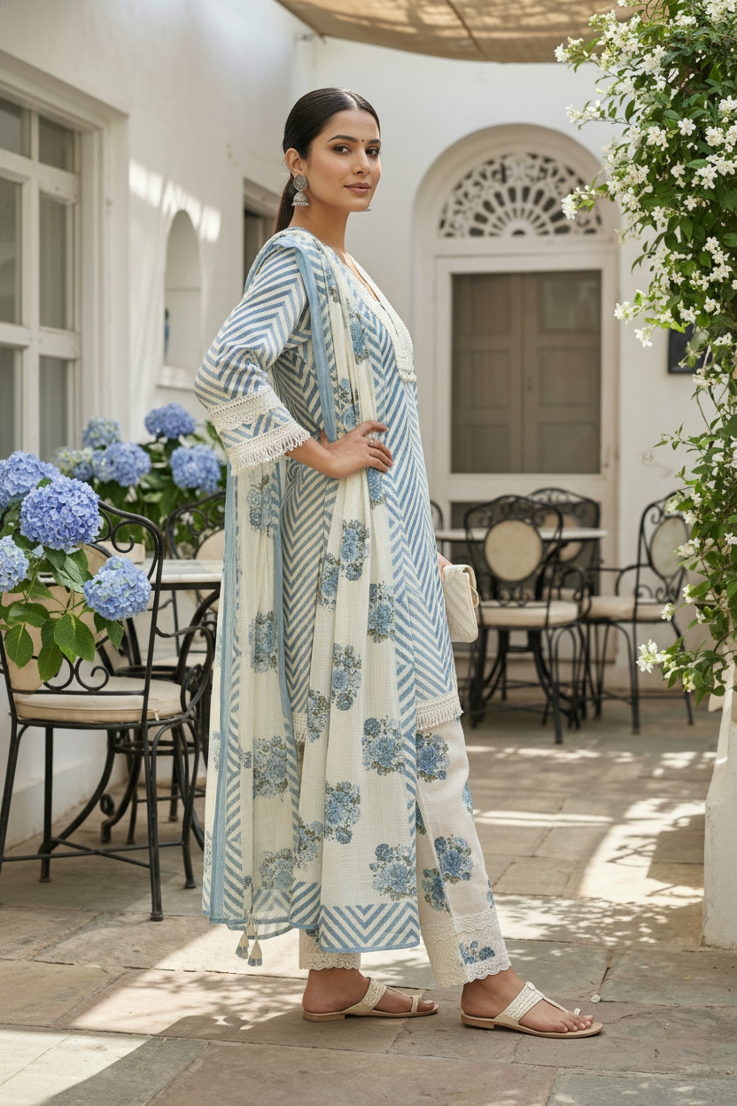 Blue Three-Piece Set with Straight Cut Pattern and Dupatta