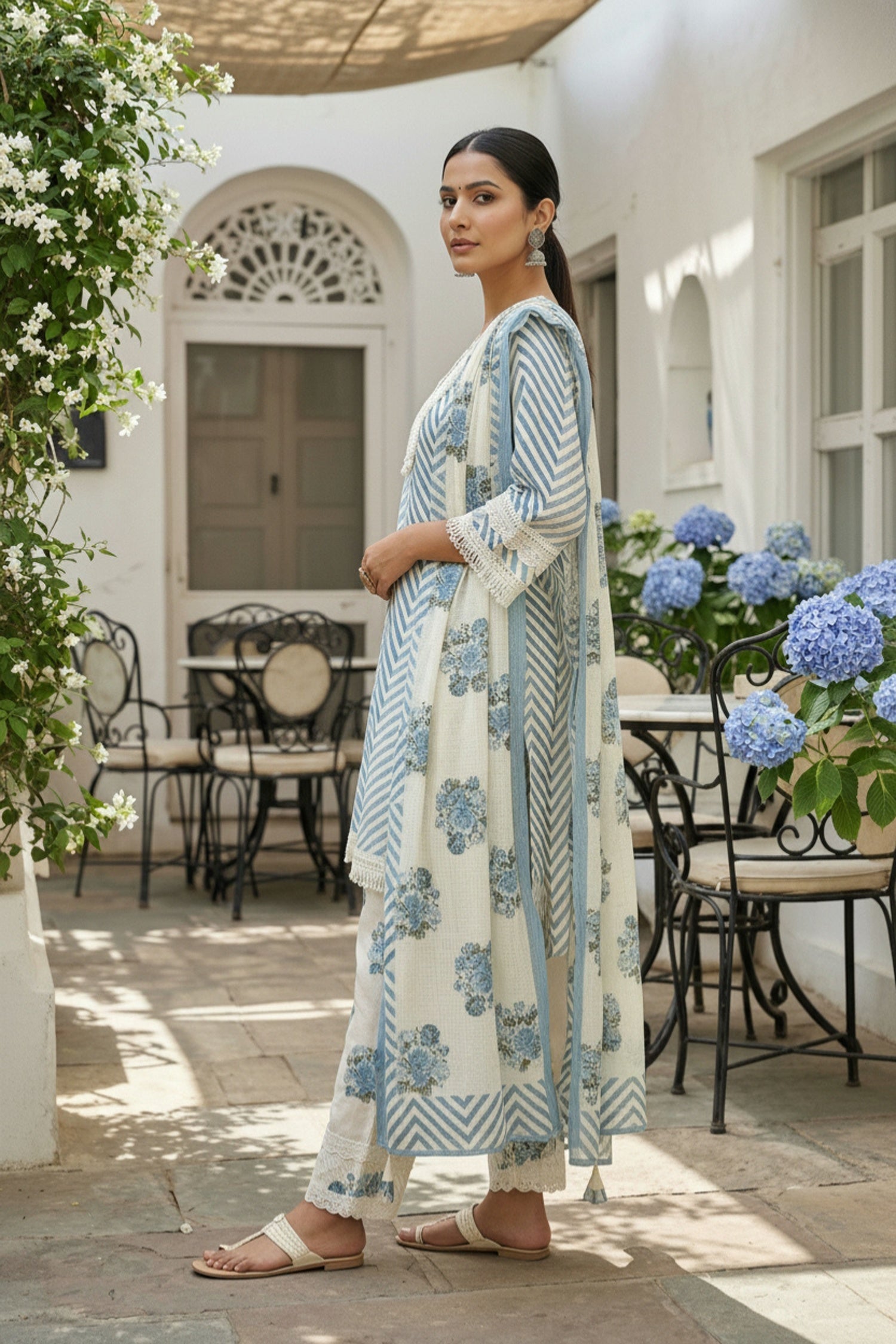 Blue Three-Piece Set with Straight Cut Pattern and Dupatta