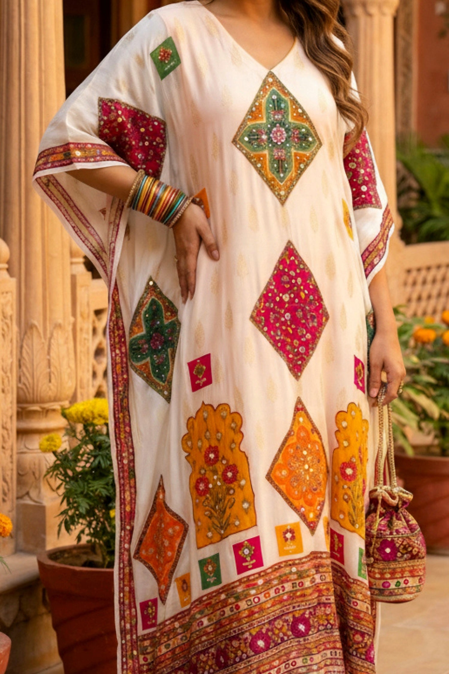 Peach Embroidered Long Kaftan with Delicate Print