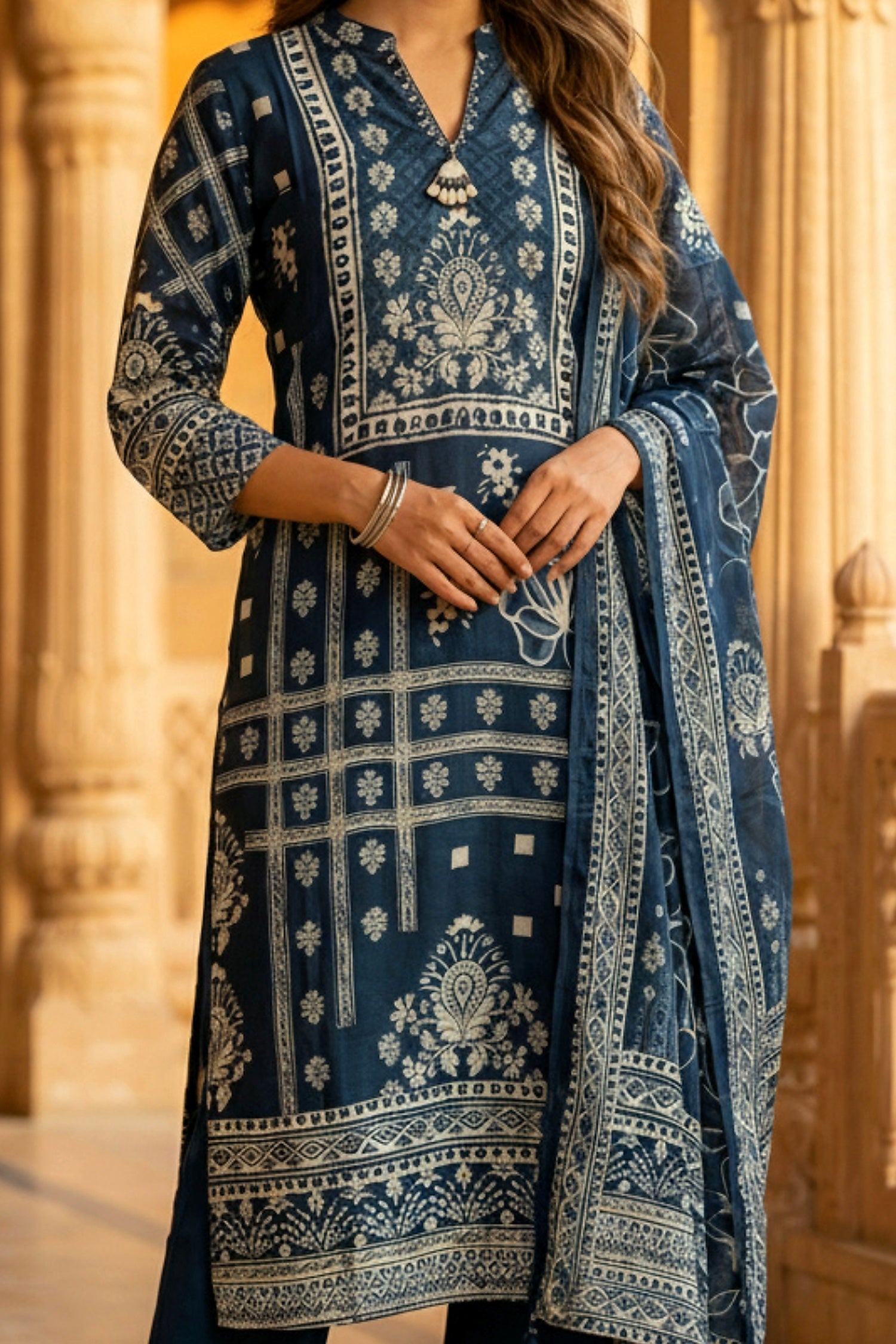 Blue Cotton Three-Piece Set with Full Printed Design and Dupatta