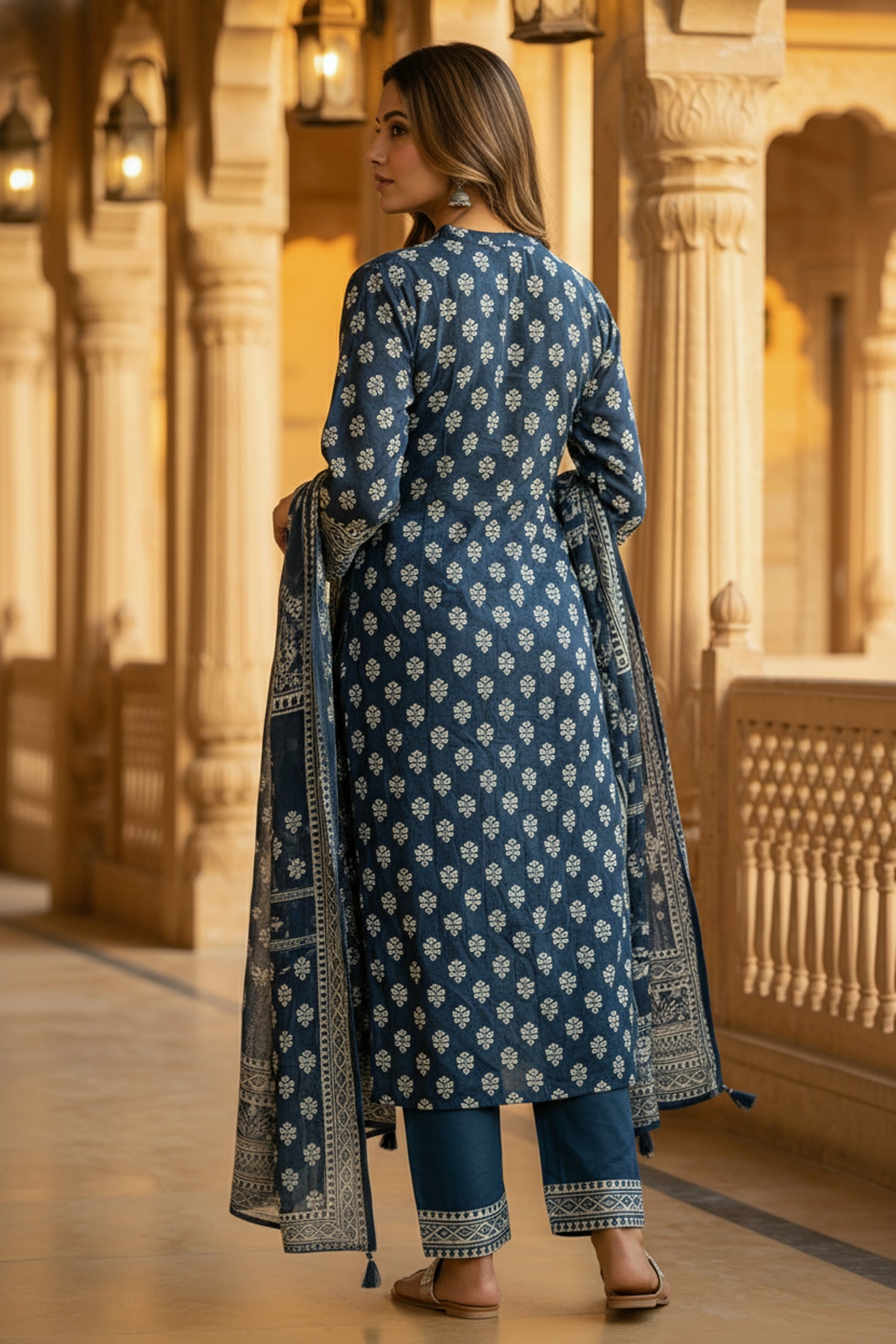 Blue Cotton Three-Piece Set with Full Printed Design and Dupatta