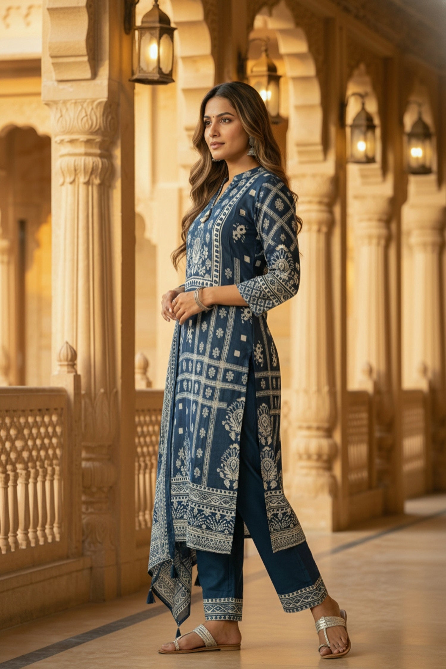 Blue Cotton Three-Piece Set with Full Printed Design and Dupatta