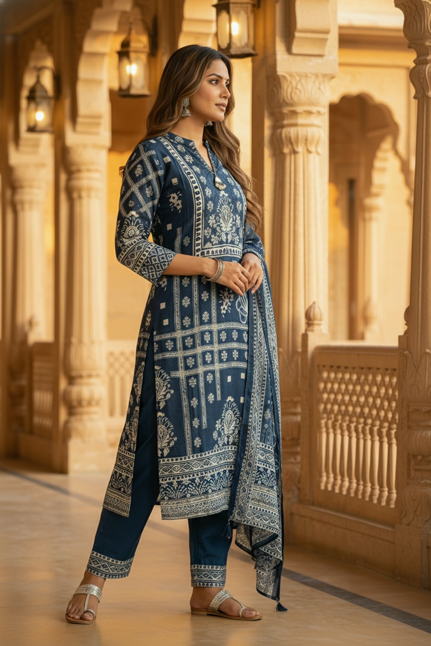 Blue Cotton Three-Piece Set with Full Printed Design and Dupatta