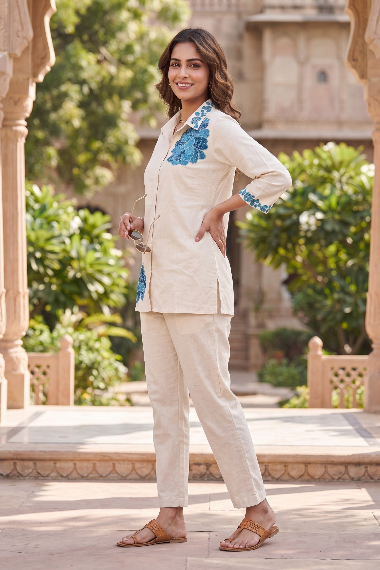 Relaxed Fit Jute Blue Floral Embroidered Cord Set