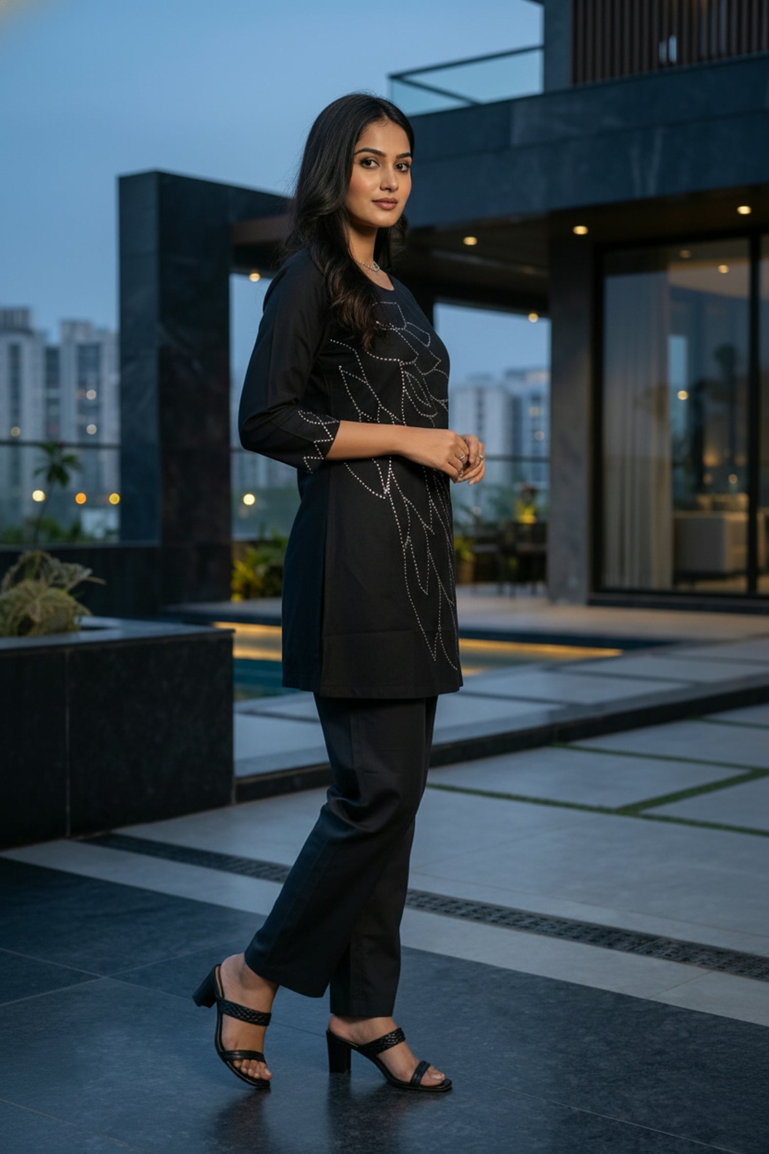 Black Leaf Embroidered Co-ord with Solid Pants