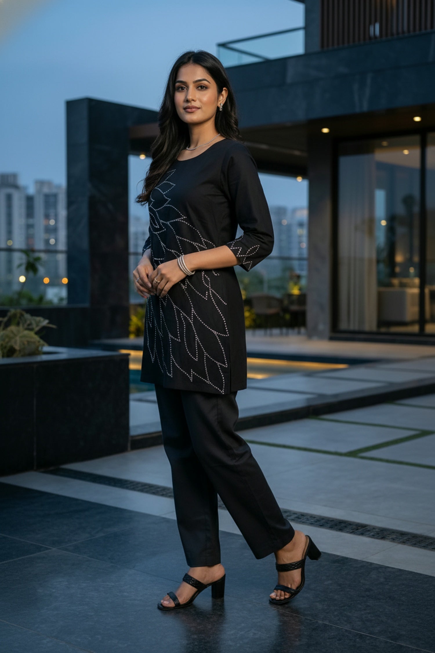 Black Leaf Embroidered Co-ord with Solid Pants