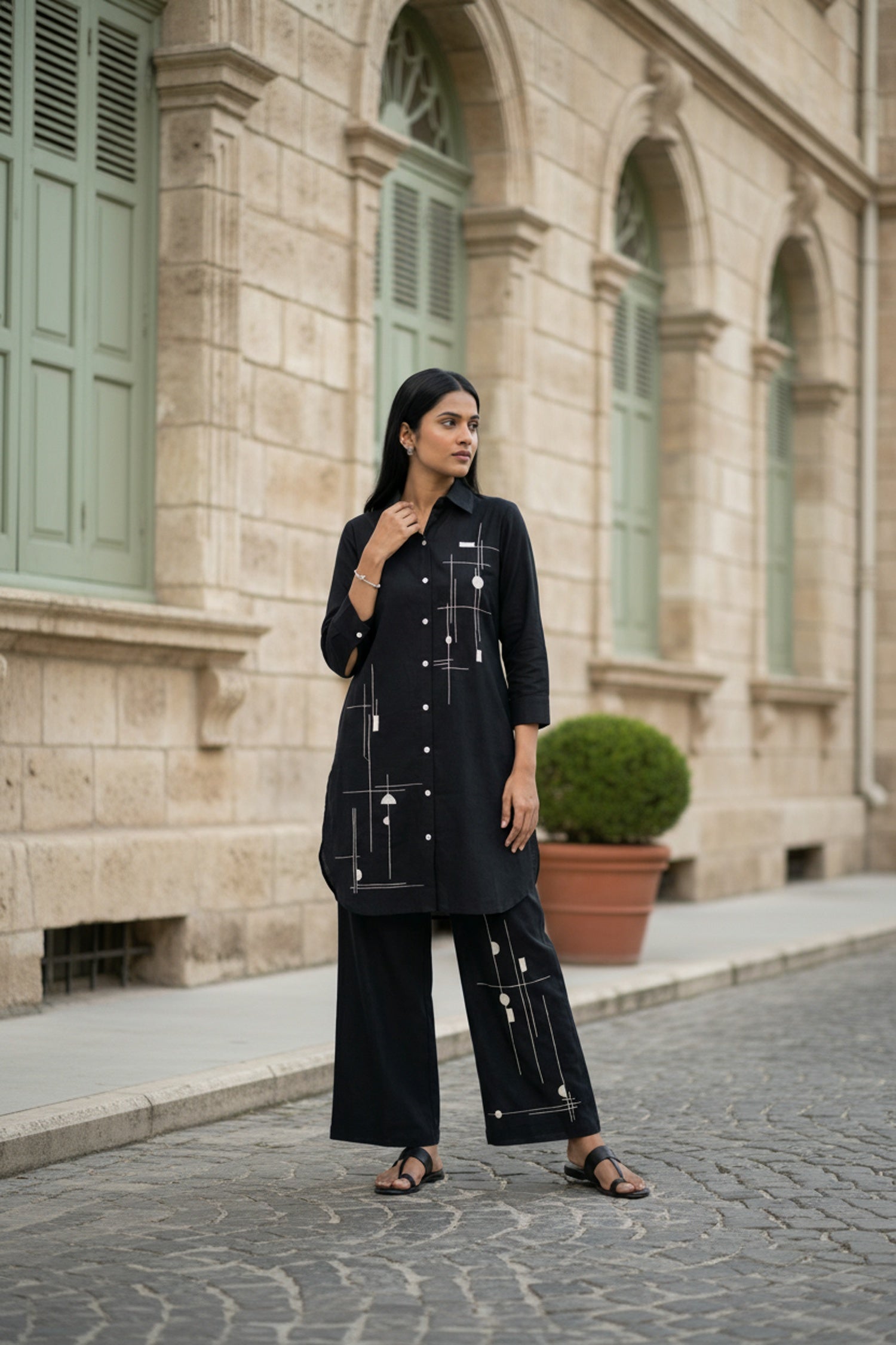 Black Cord Set with Printed Shirt-Style Top and Matching Pants