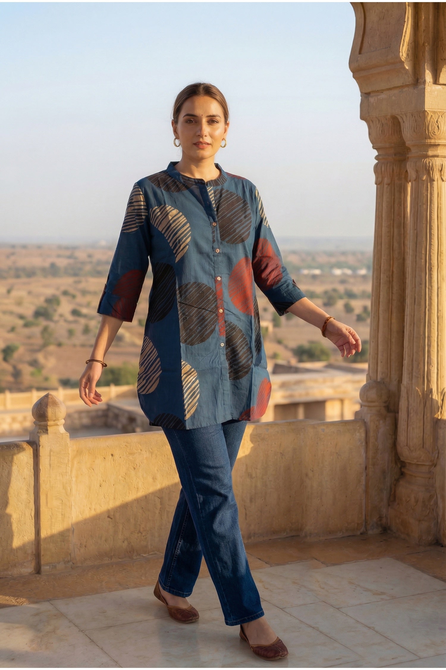 Blue Cotton Top with Abstract Print Design