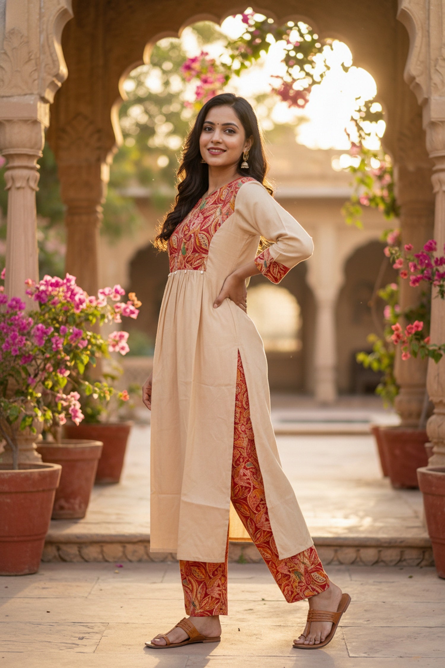 Beige Printed Cotton Co-ord Set