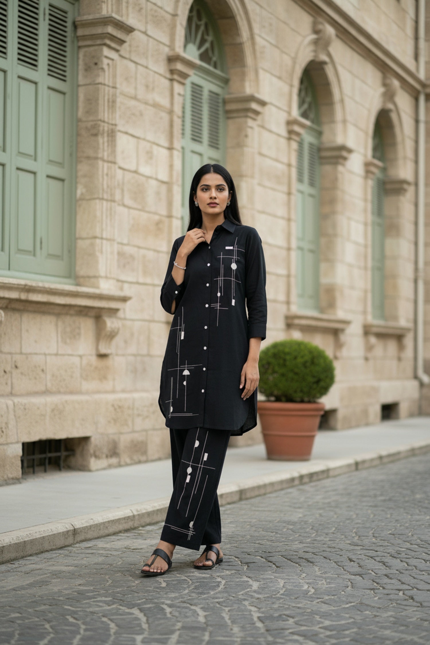 Black Cord Set with Printed Shirt-Style Top and Matching Pants