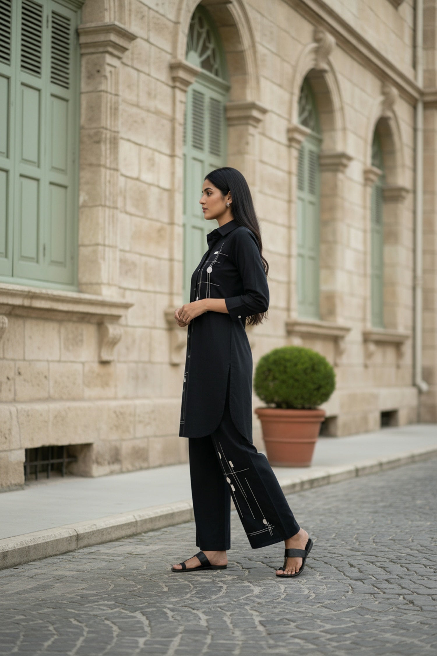Black Cord Set with Printed Shirt-Style Top and Matching Pants