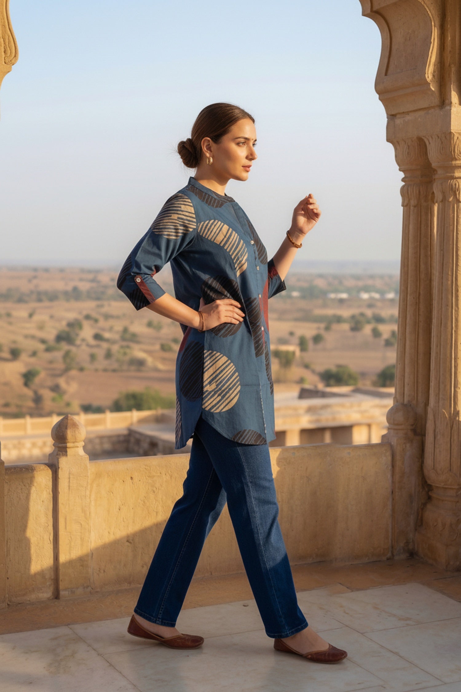 Blue Cotton Top with Abstract Print Design