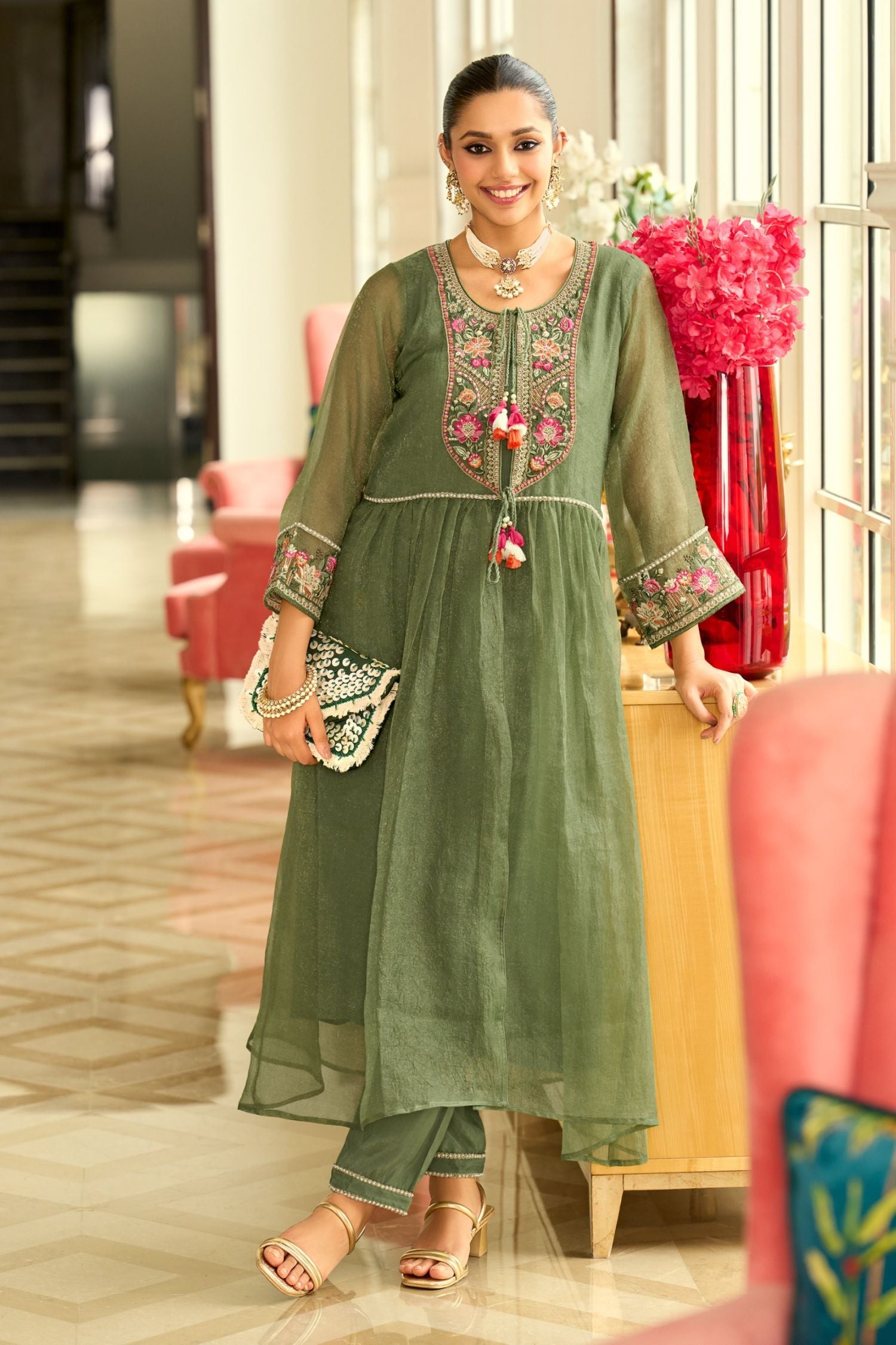 Signature Pure Organza Collection – Embroidered Perfection with Handcrafted Charm (Green)