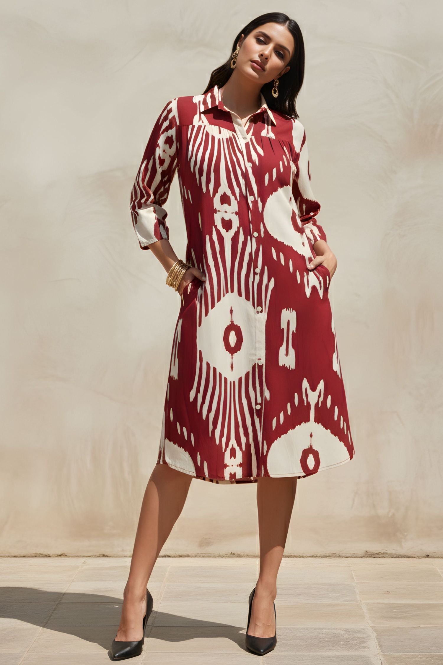 Abstract Printed Maroon Red Shirt Midi Dress