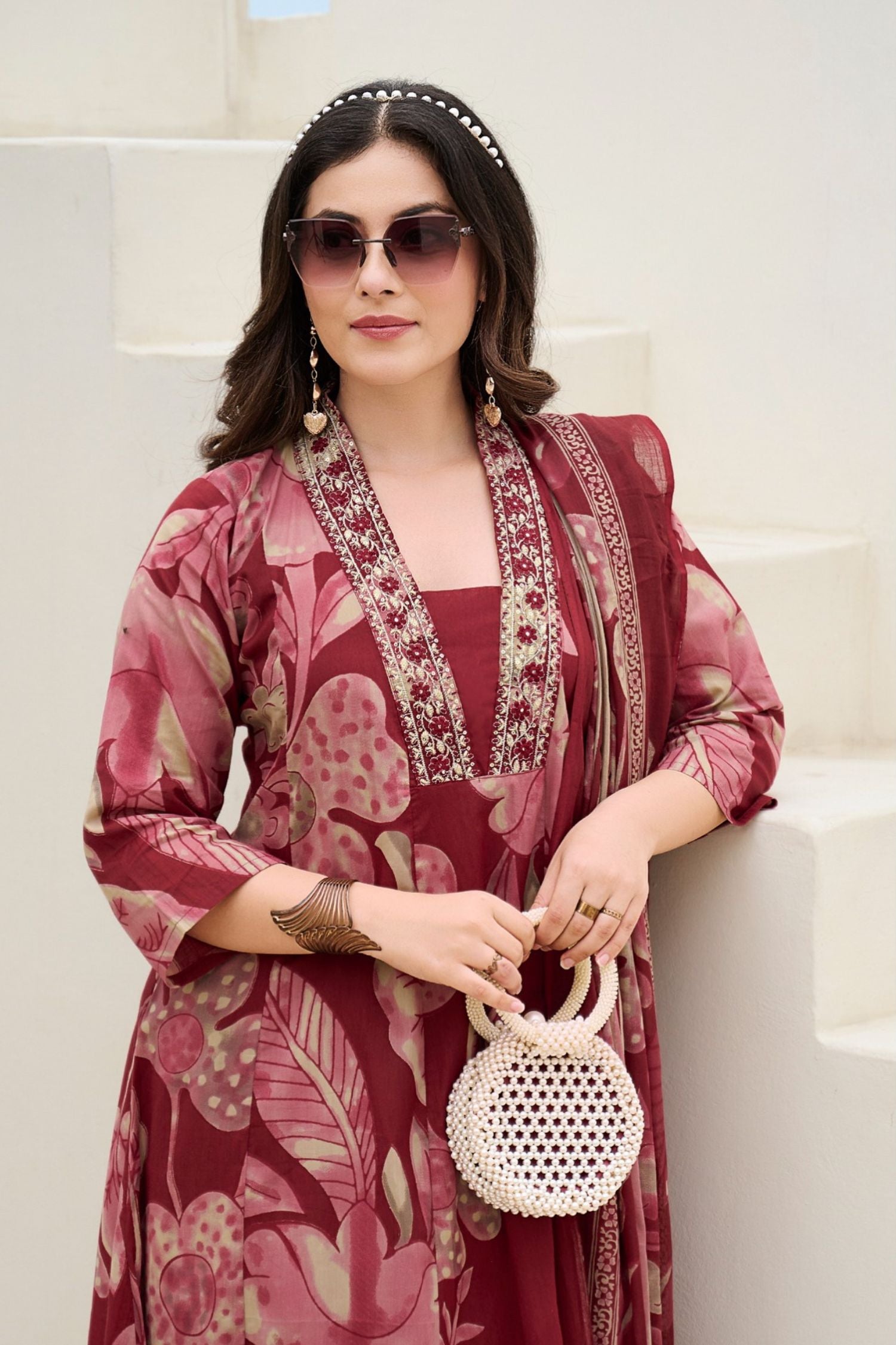 Maroon Red V-Neck Embroidered Cotton Floral Printed Kurta Palazzo Dupatta Set