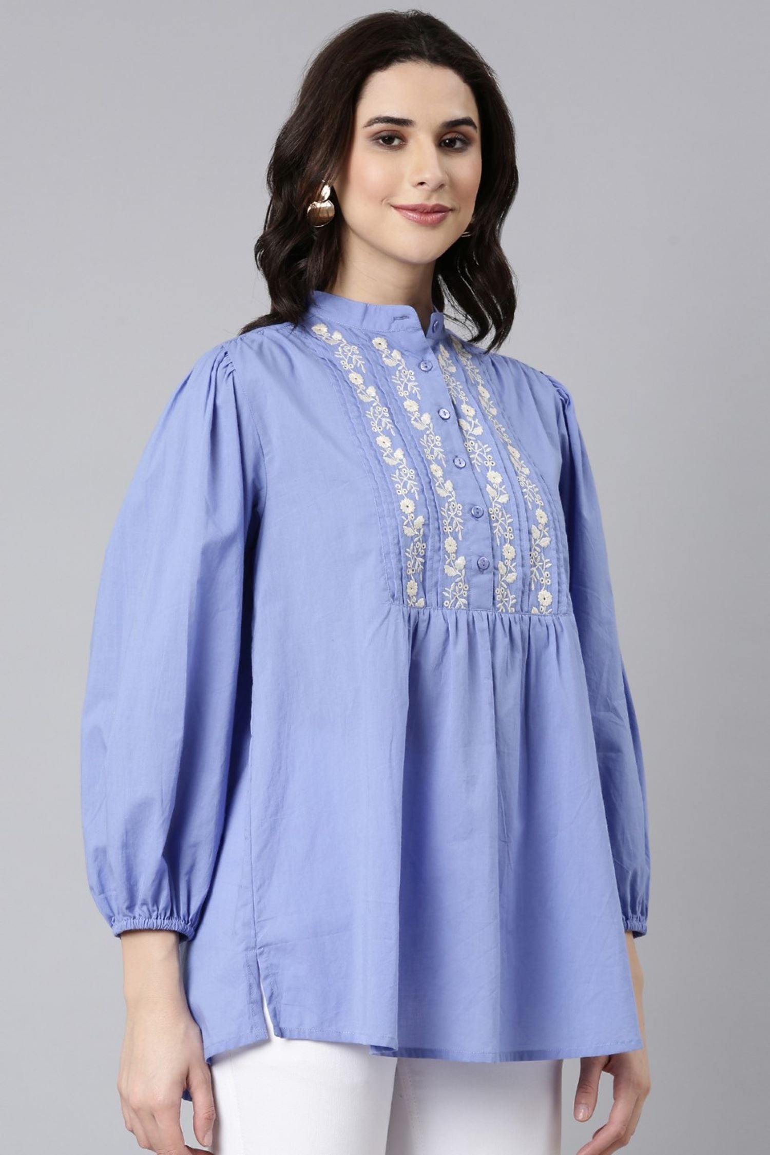 Blue Breeze Embroidered Cotton Top with Elegant Neck