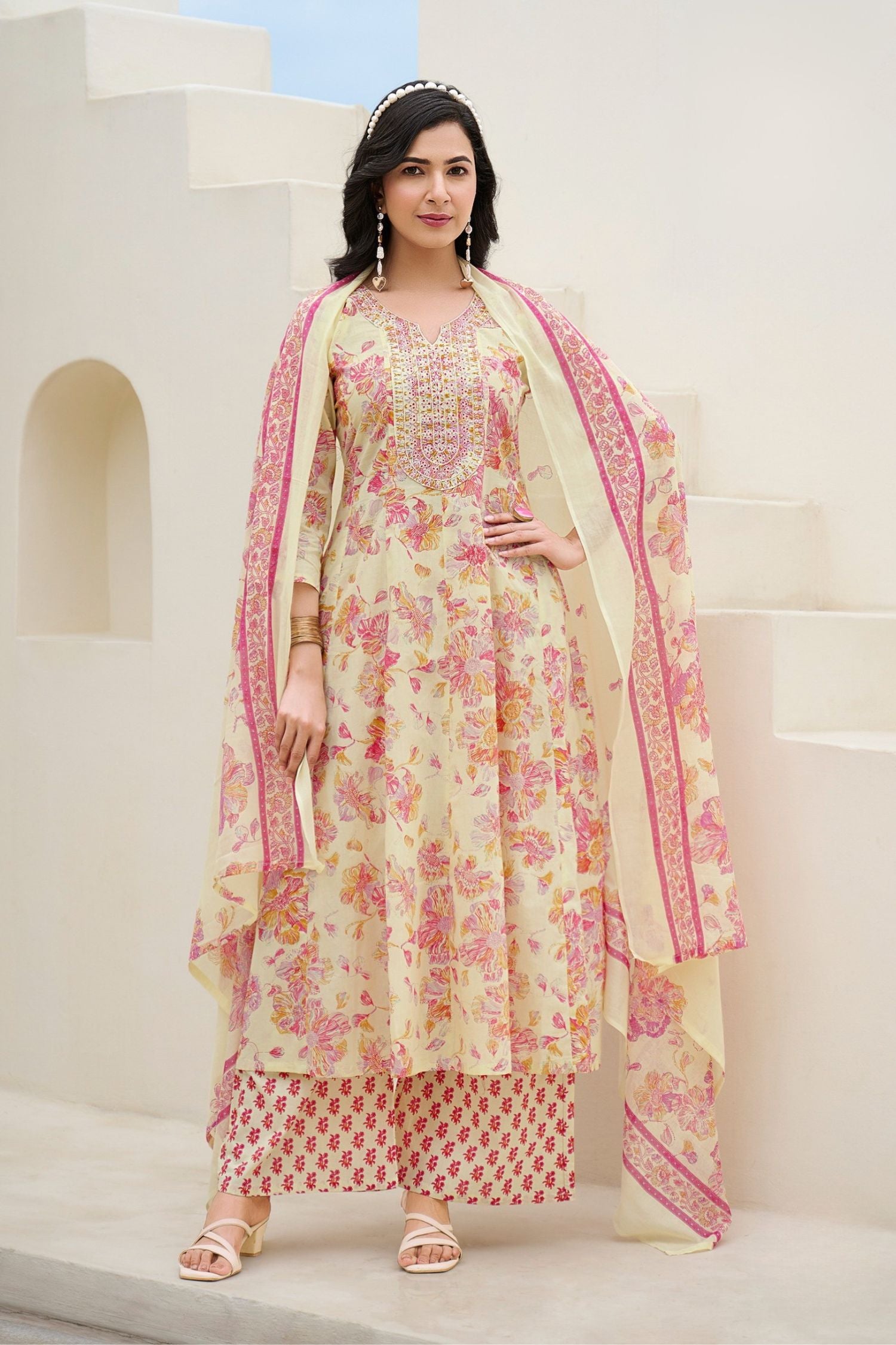 Beige V-Neck Embroidered Cotton Floral Printed Kurta Palazzo Dupatta Set