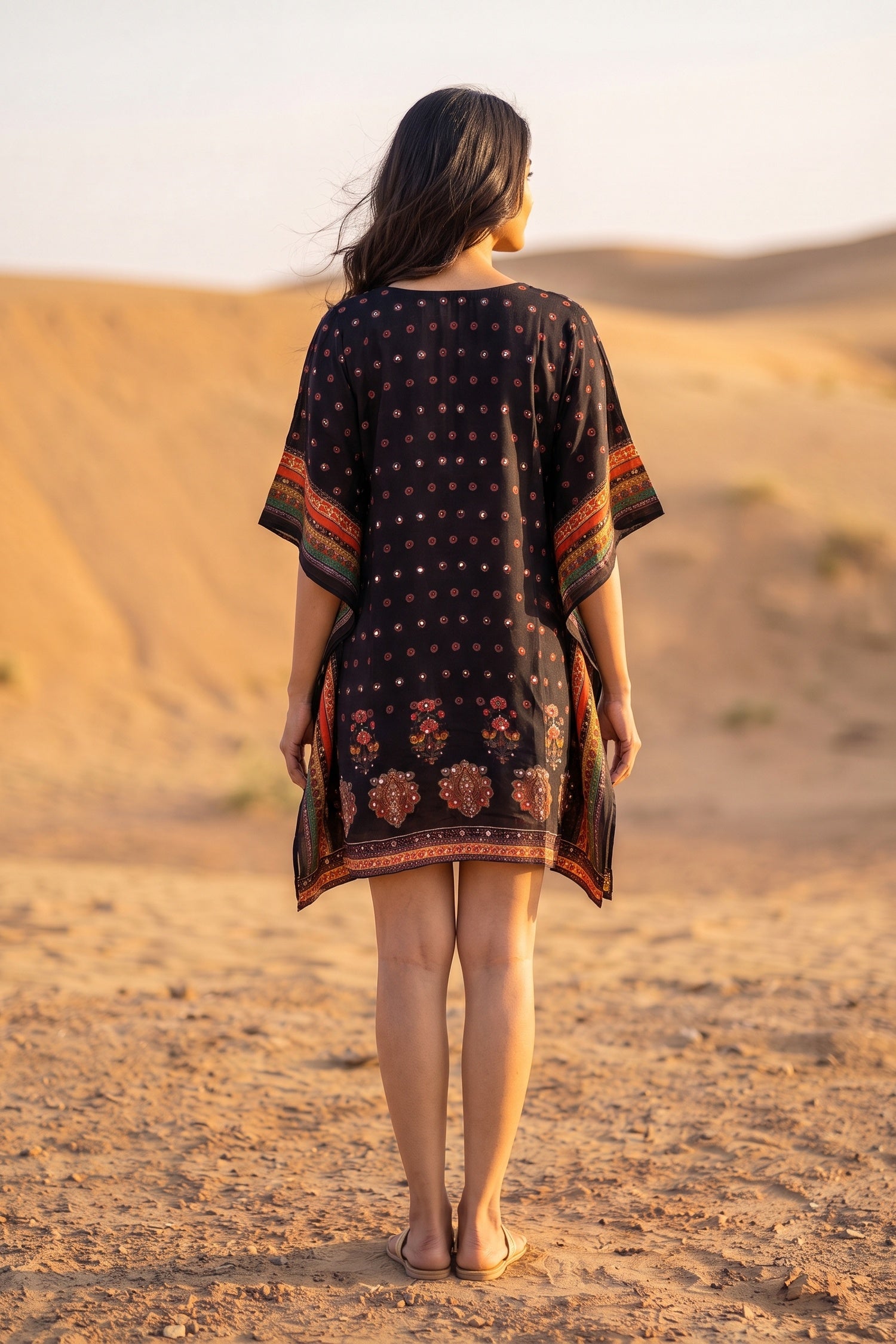 Boho V Neck Dark Red Brown Short Kaftan