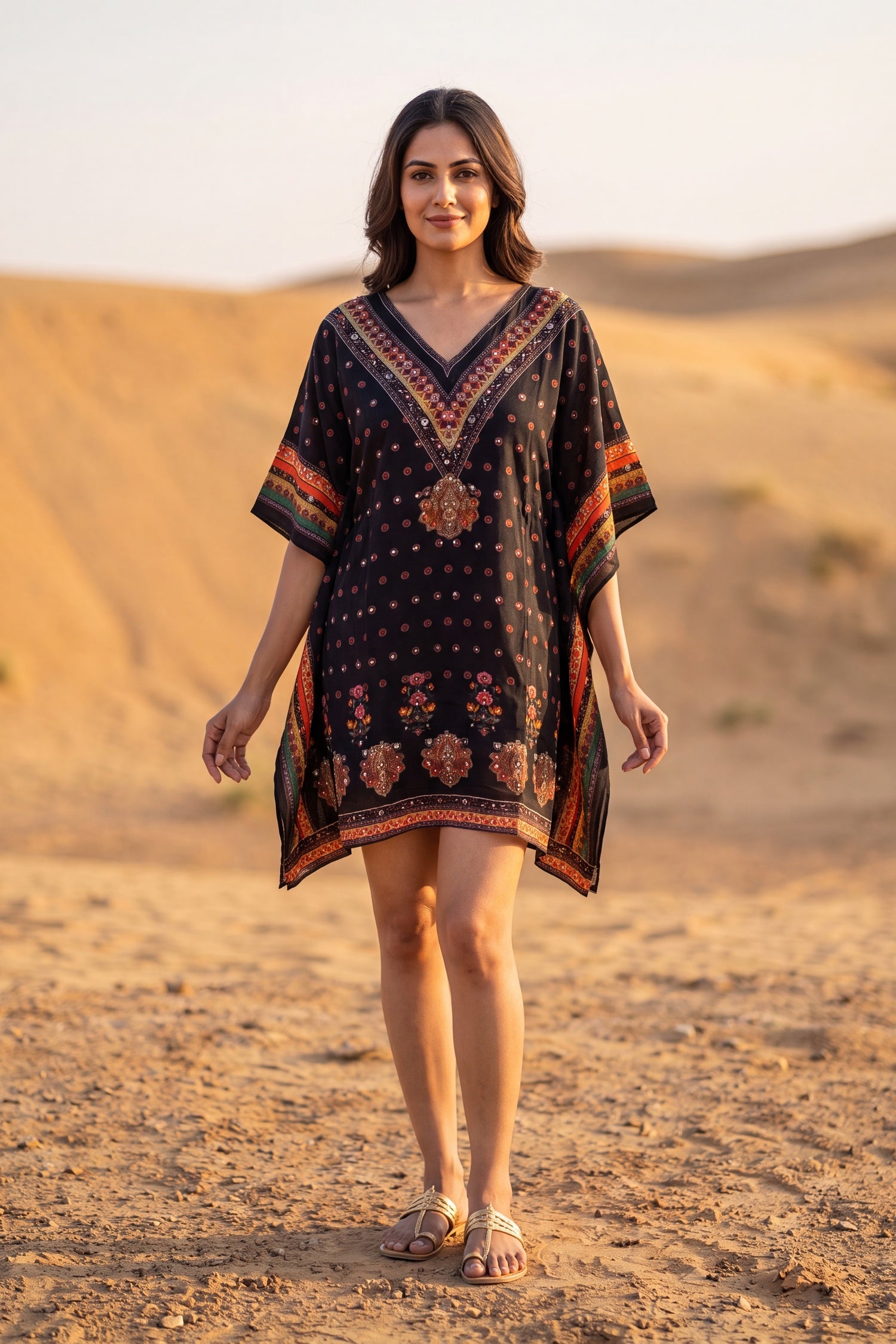 Boho V Neck Dark Red Brown Short Kaftan
