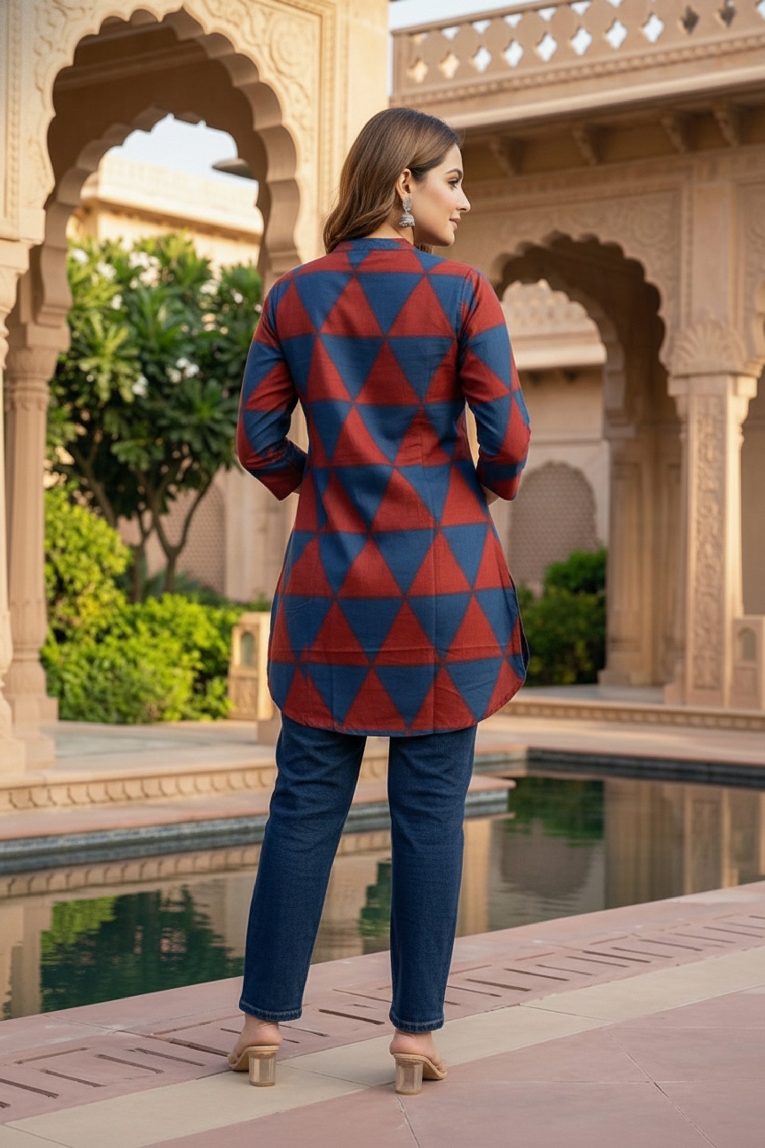 Geometric Triangle Print Red Cotton Top